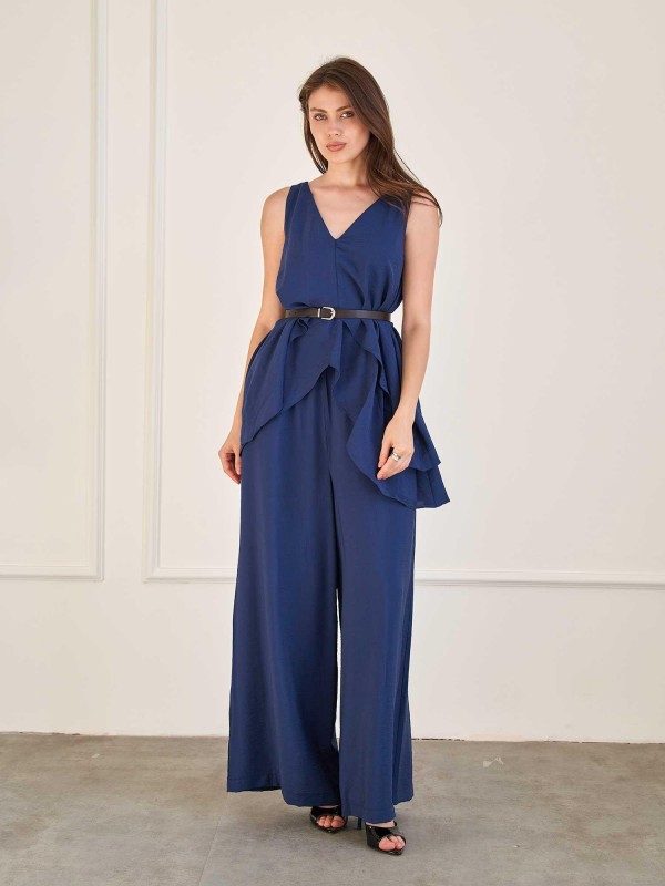 220664 Asimetrik Kesim Kemerli Bluz ve Pantolon Takım