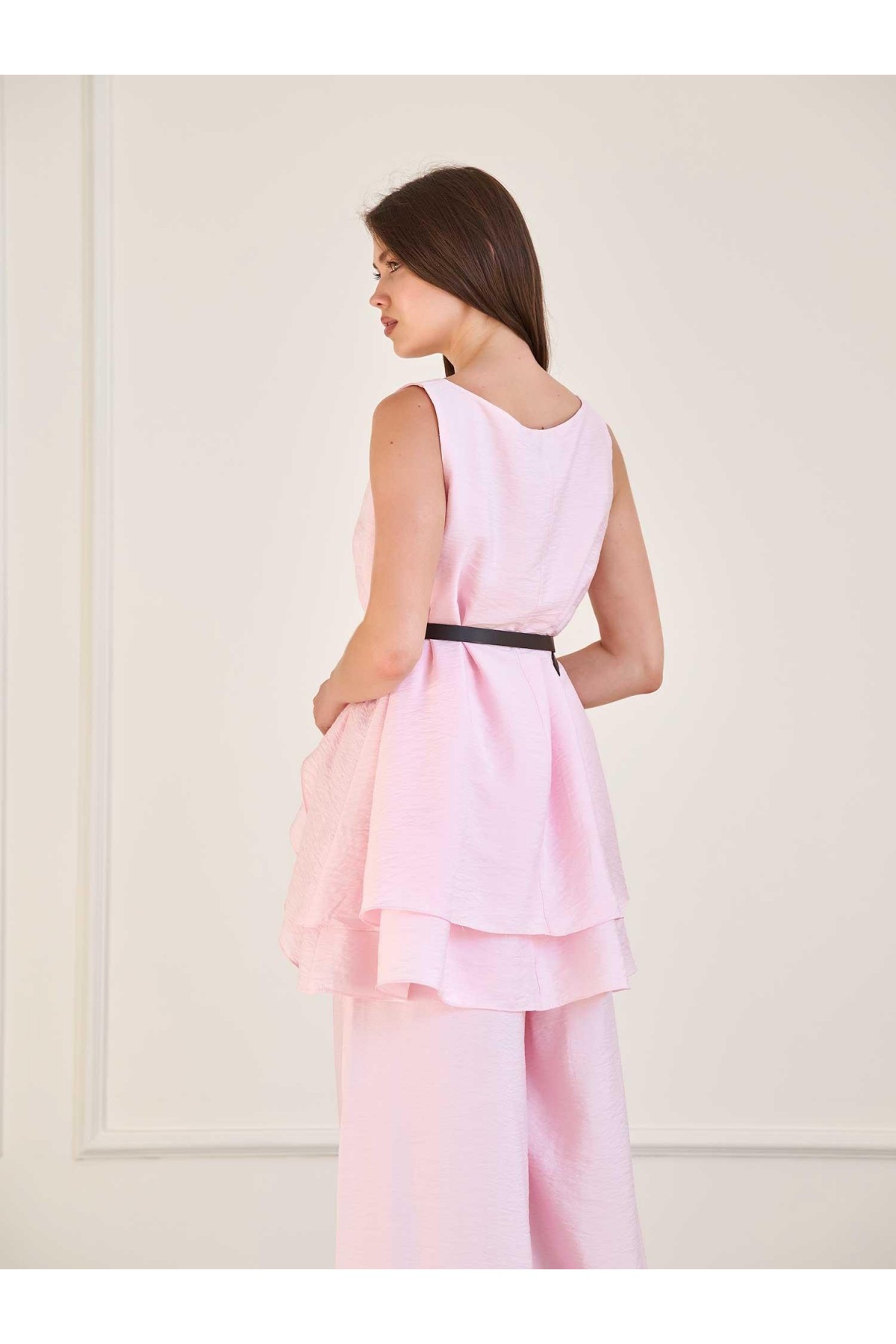 220664 Asimetrik Kesim Kemerli Bluz ve Pantolon Takım