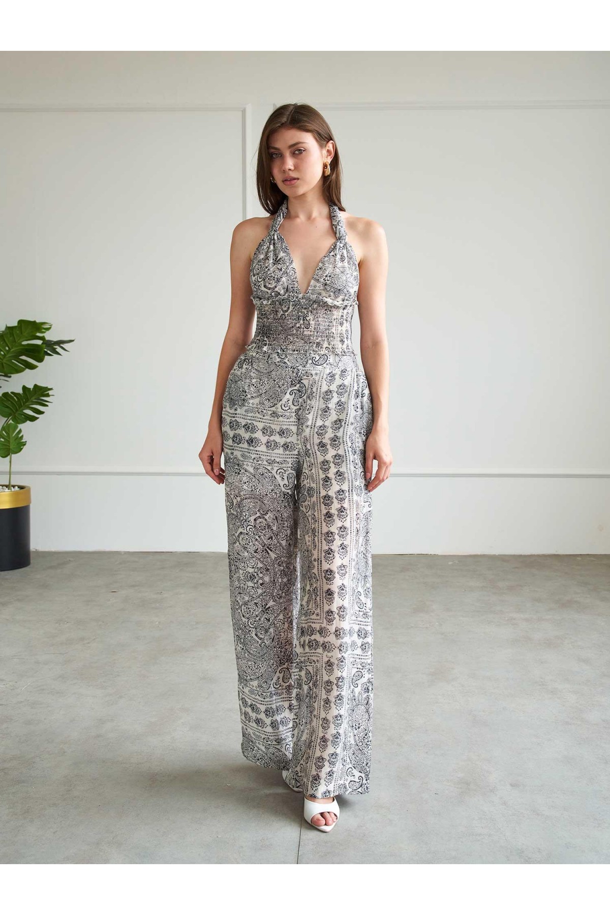 220669 Bohem Desenli Crop Pantolon Takım
