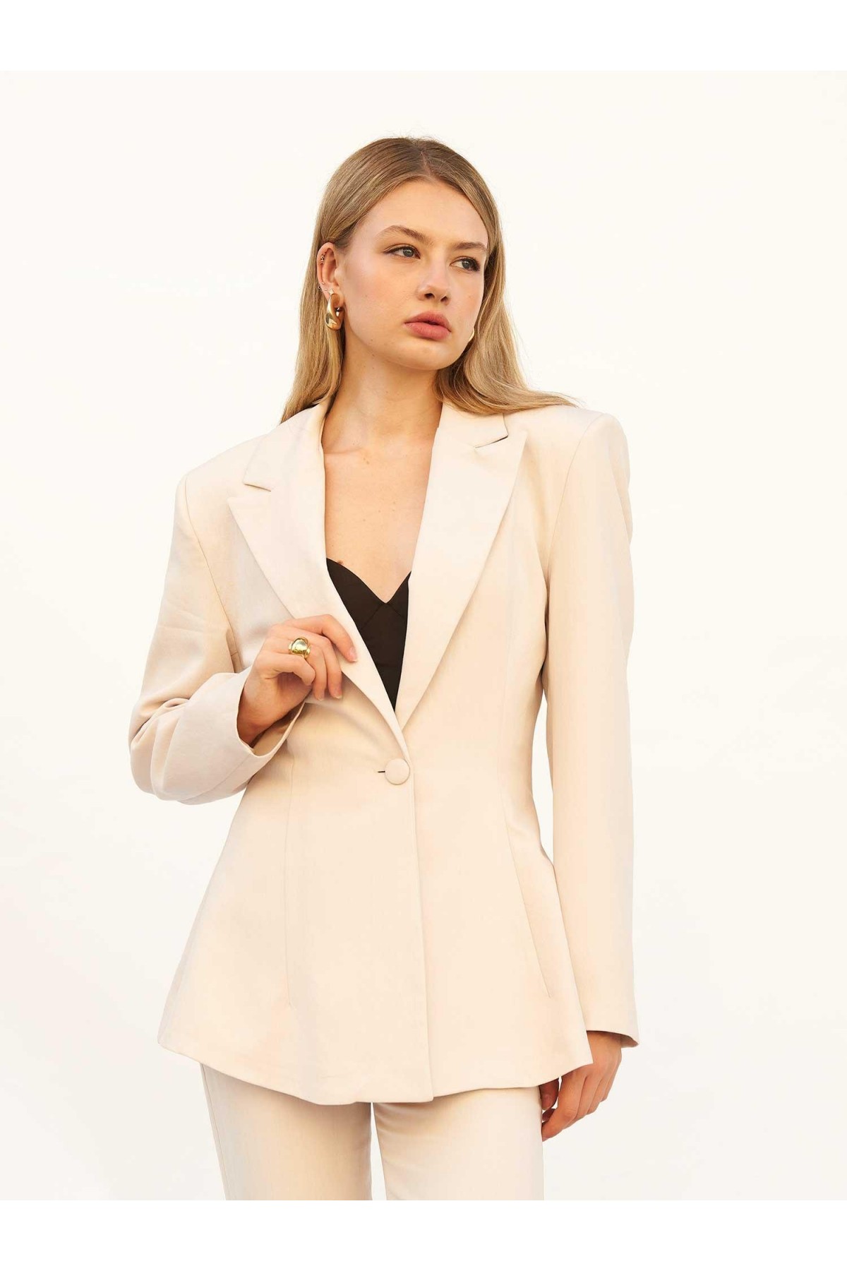 220707 Belden Oturtmalı Çizgili Blazer Takım