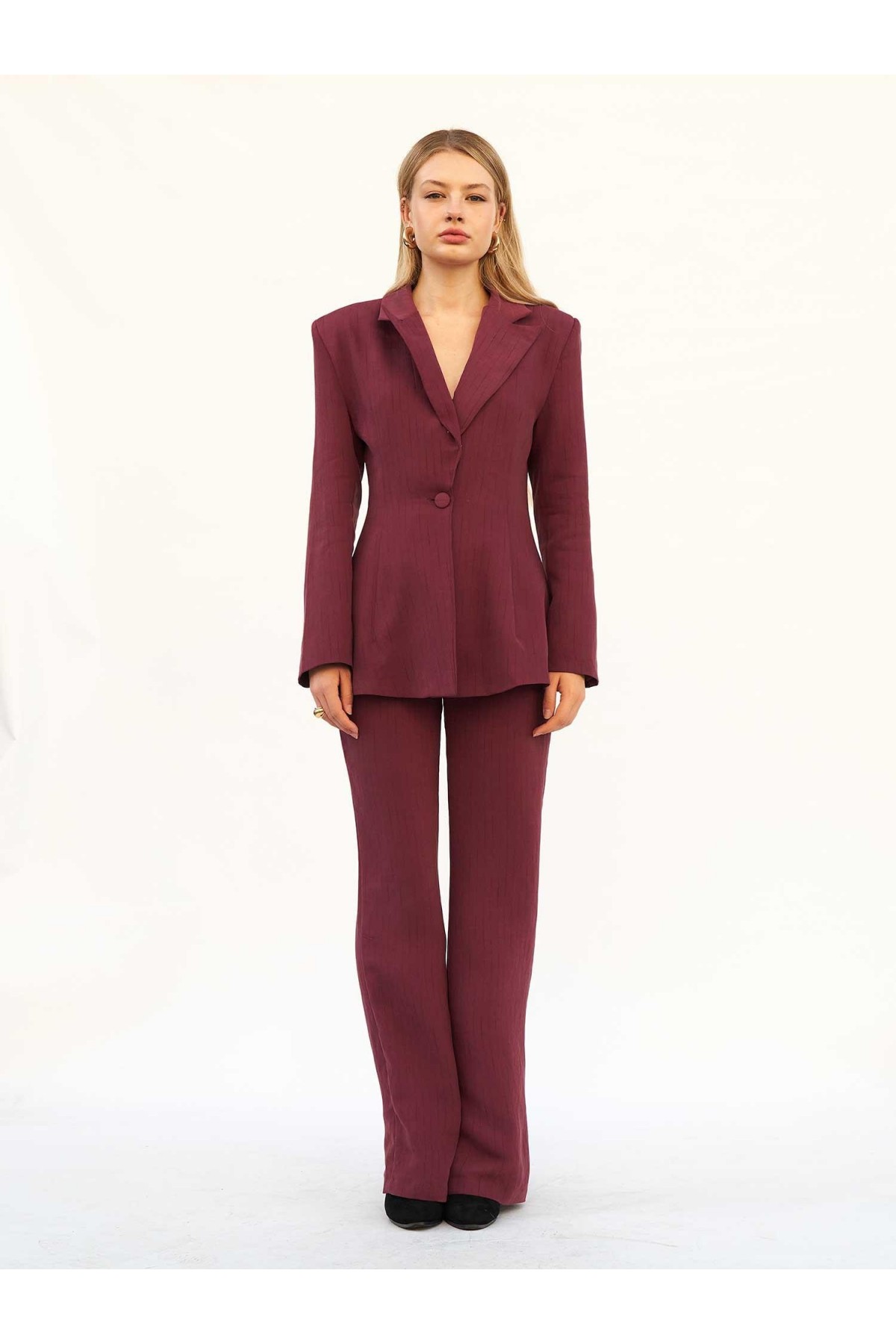 220707 Belden Oturtmalı Çizgili Blazer Takım