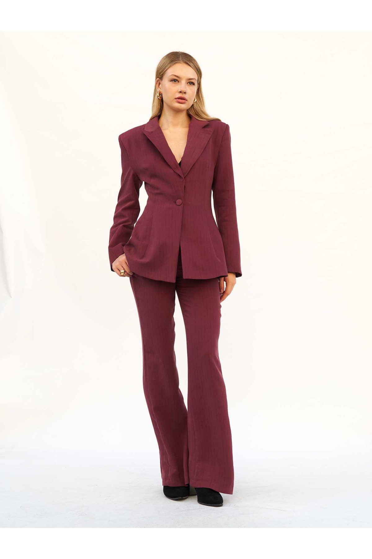 220707 Belden Oturtmalı Çizgili Blazer Takım