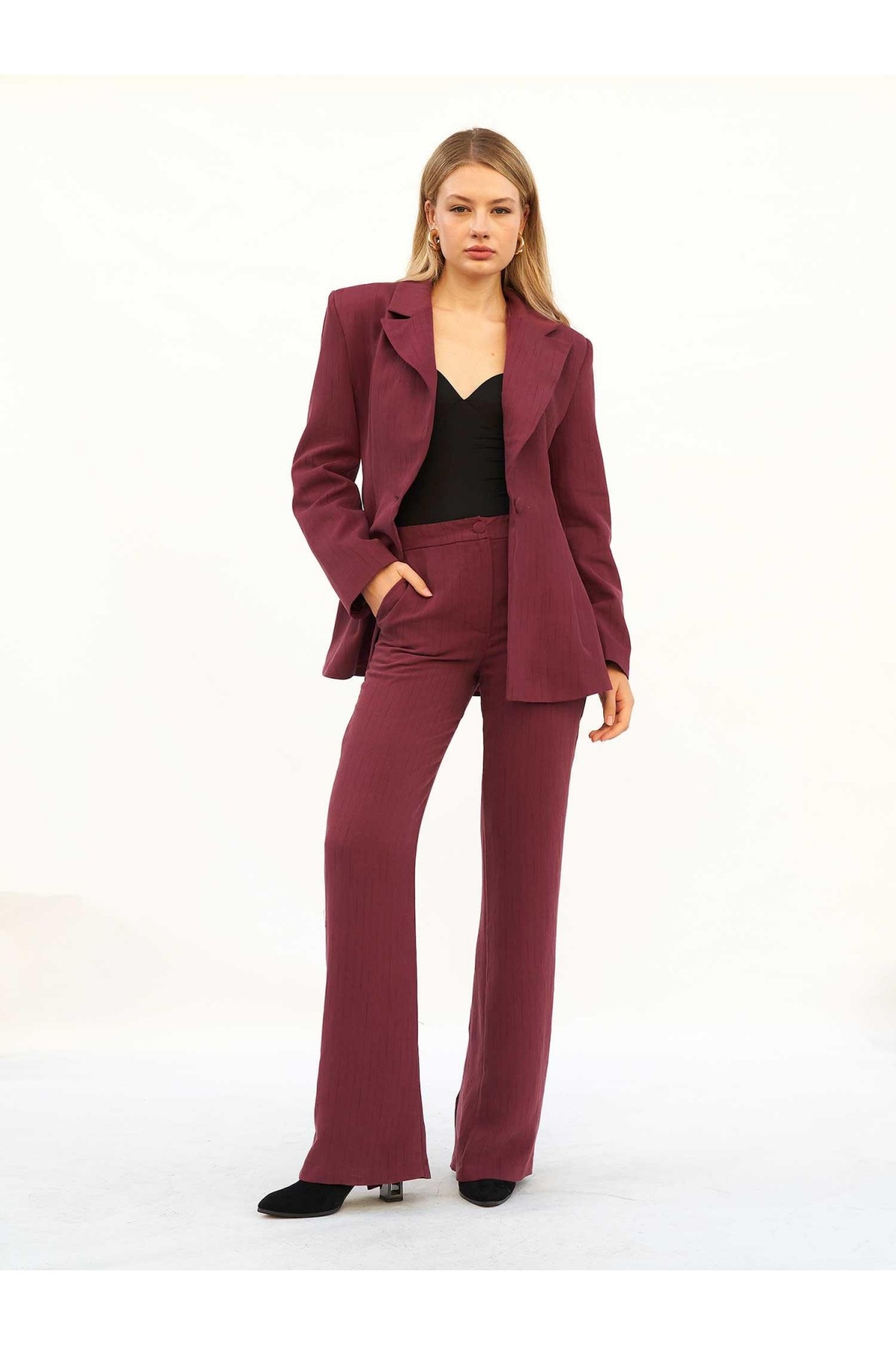 220707 Belden Oturtmalı Çizgili Blazer Takım