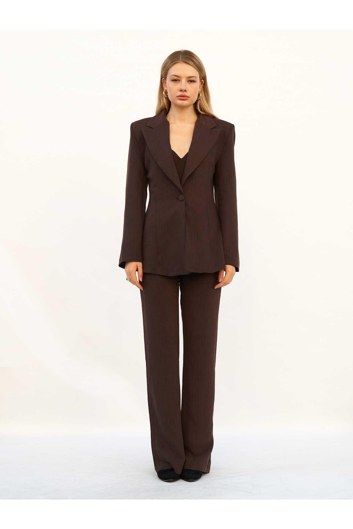 220707 Belden Oturtmalı Çizgili Blazer Takım