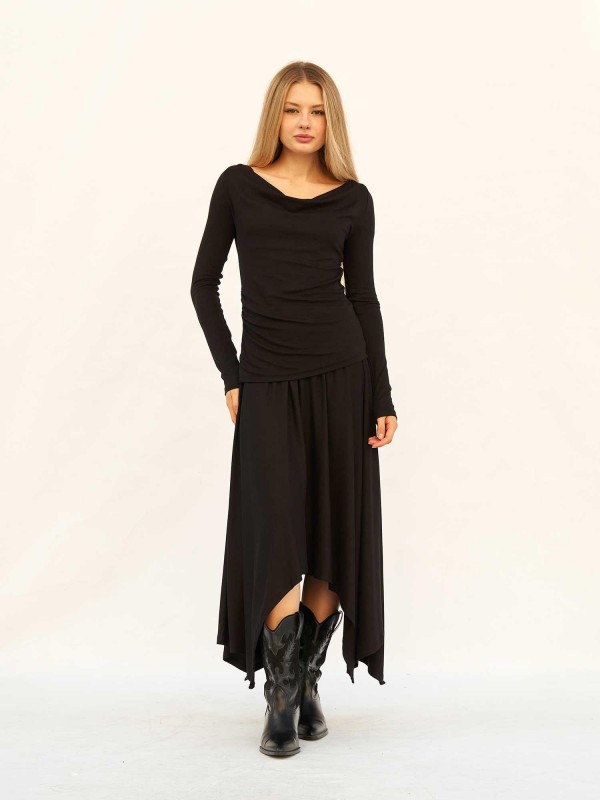 220720 Drape Detaylı Midi Etekli Örme Takım