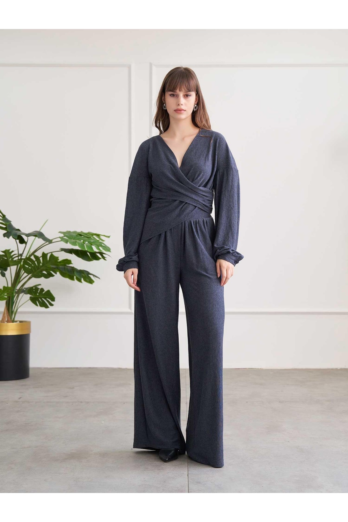 220722 Asimetrik Drape Detaylı Vintage Takım