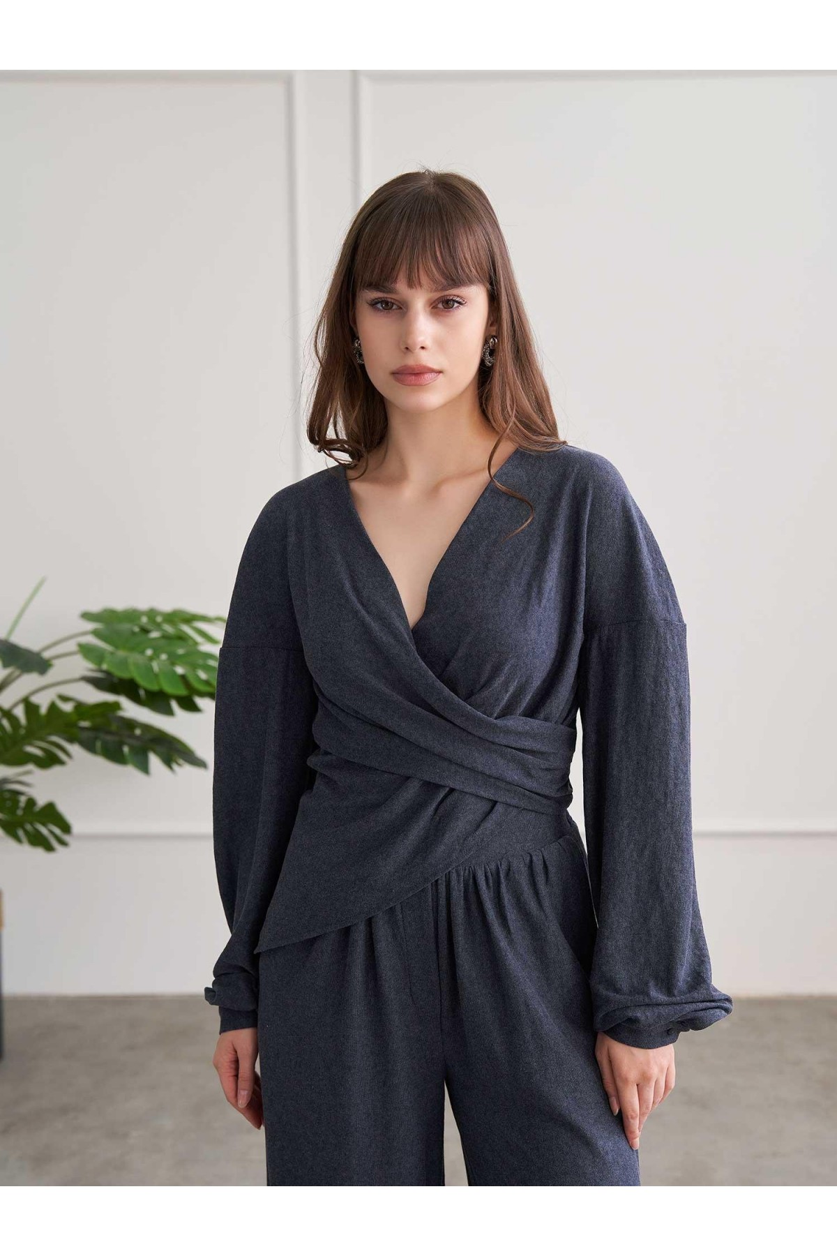 220722 Asimetrik Drape Detaylı Vintage Takım