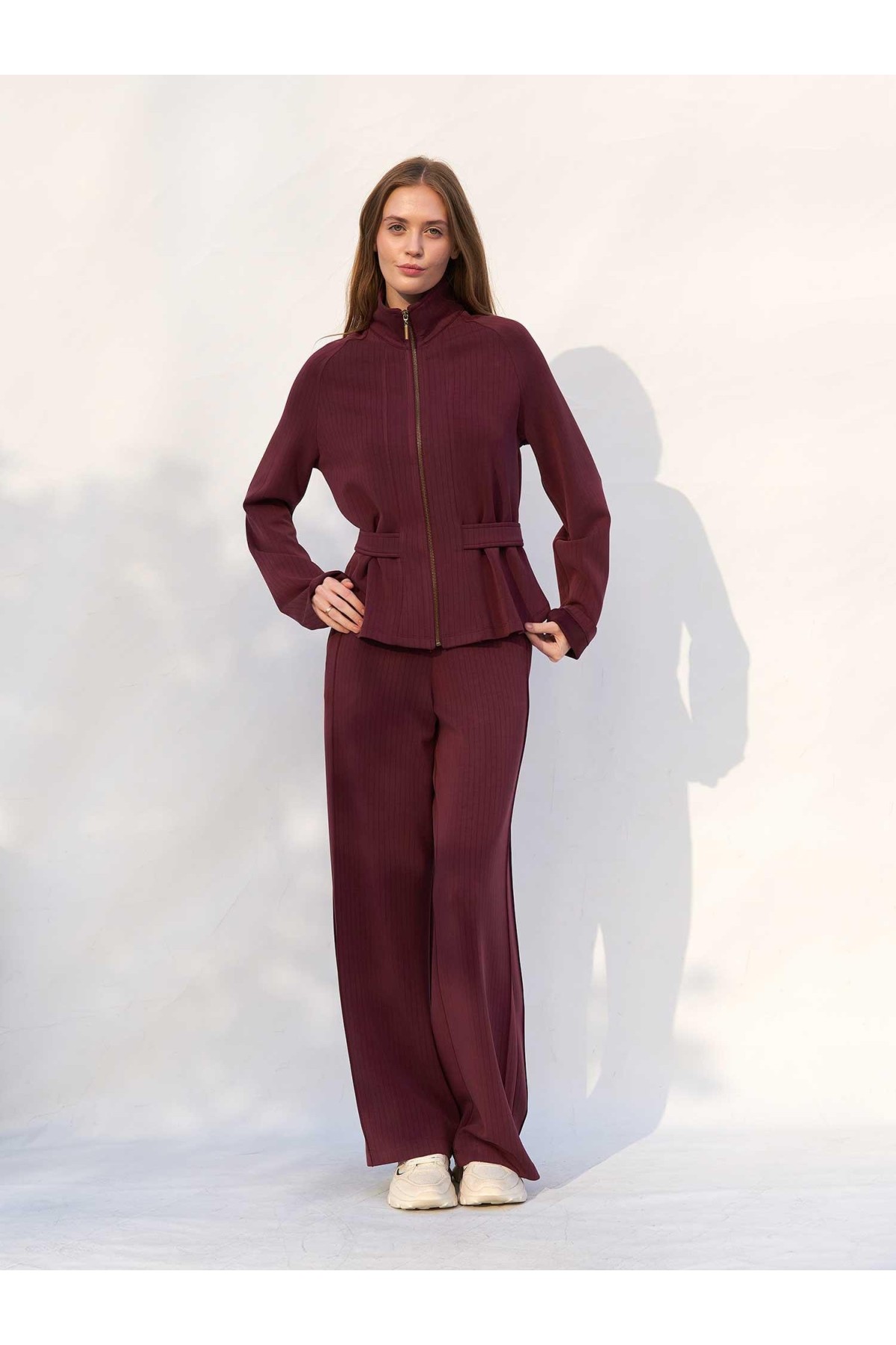 220727 Çizgili Modal Peplum Form Ceket Pantolon Takım