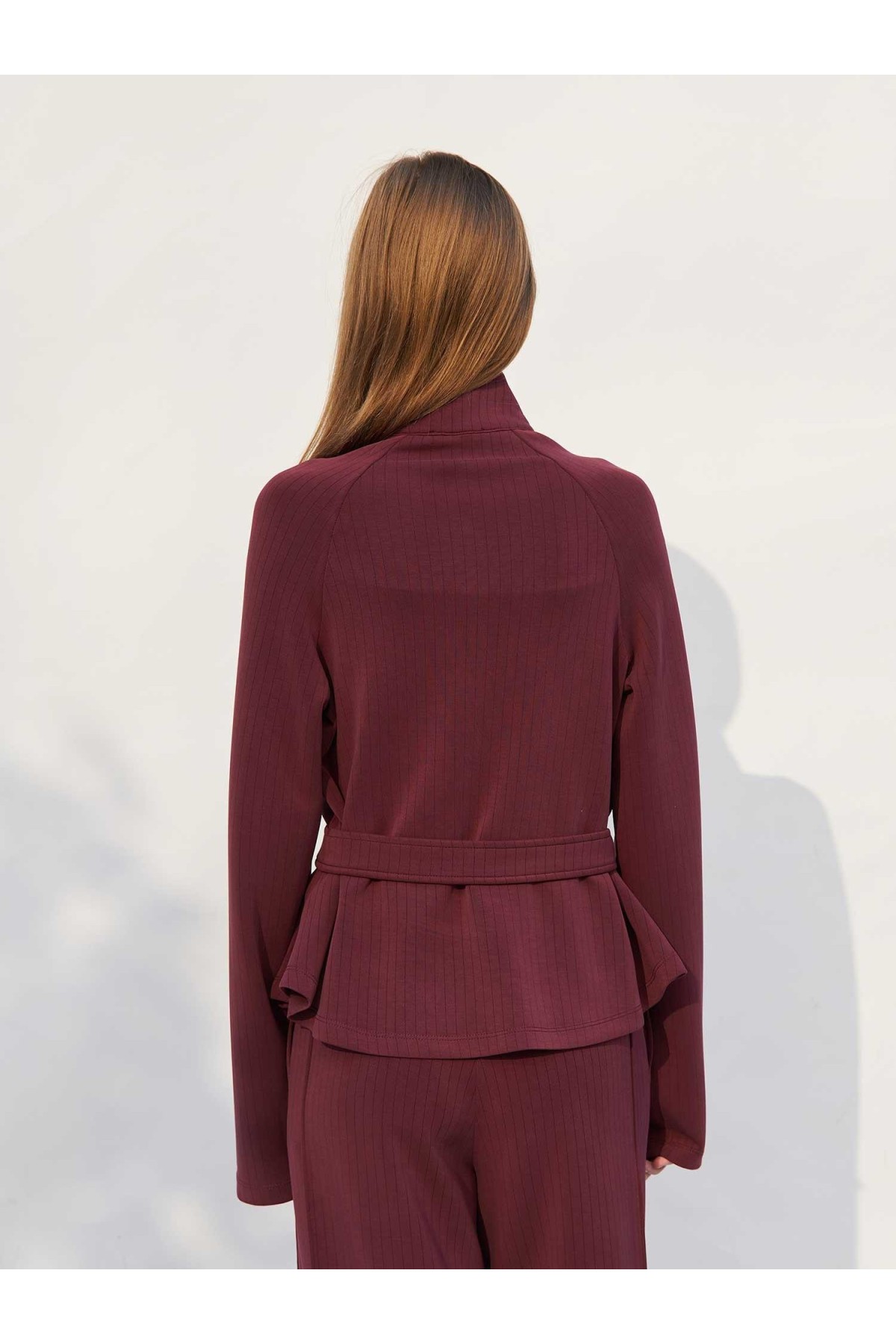 220727 Çizgili Modal Peplum Form Ceket Pantolon Takım
