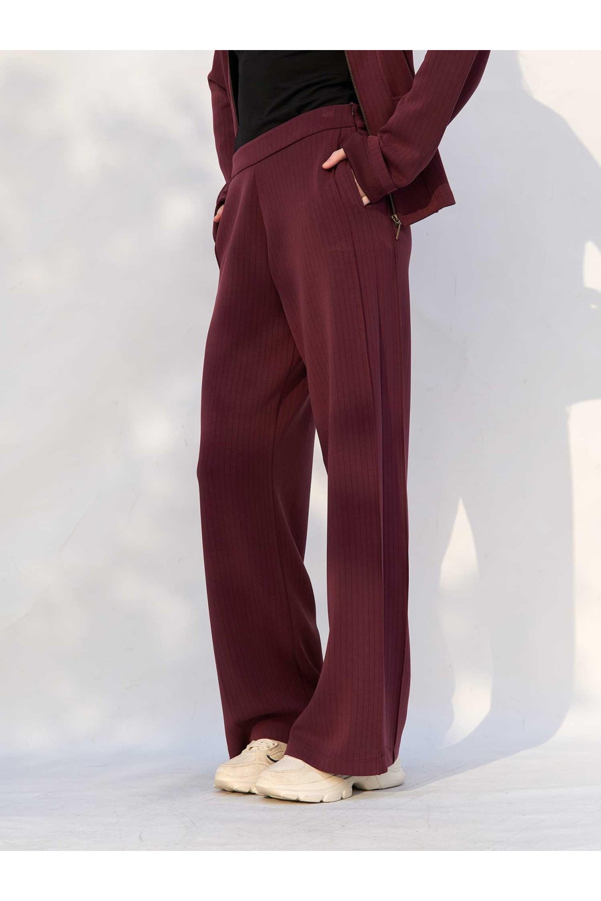 220727 Çizgili Modal Peplum Form Ceket Pantolon Takım