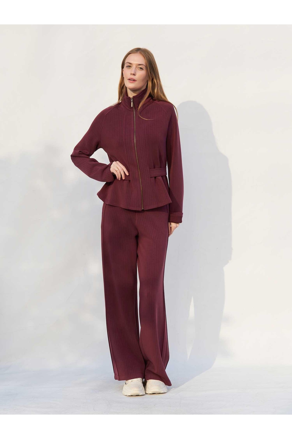 220727 Çizgili Modal Peplum Form Ceket Pantolon Takım