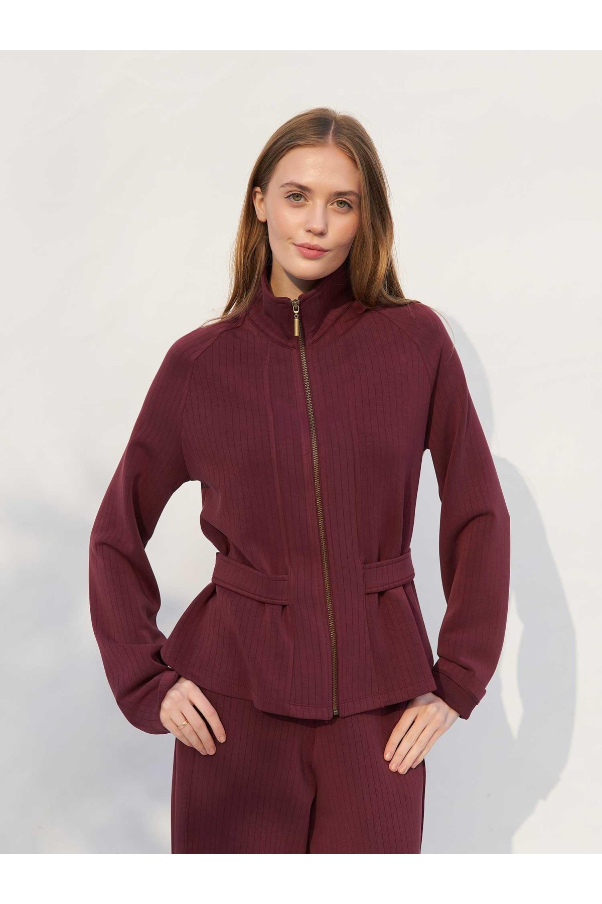 220727 Çizgili Modal Peplum Form Ceket Pantolon Takım