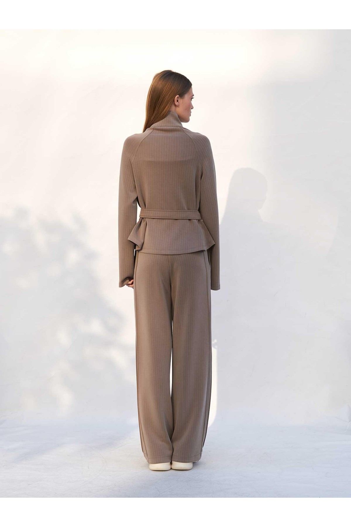220727 Çizgili Modal Peplum Form Ceket Pantolon Takım