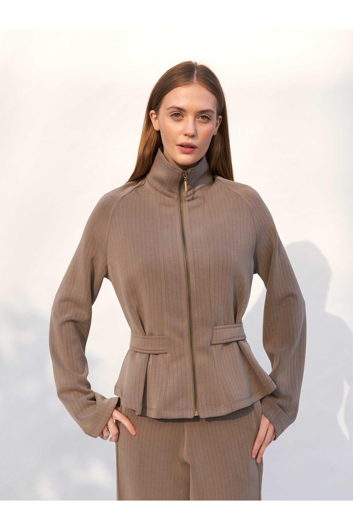 220727 Çizgili Modal Peplum Form Ceket Pantolon Takım