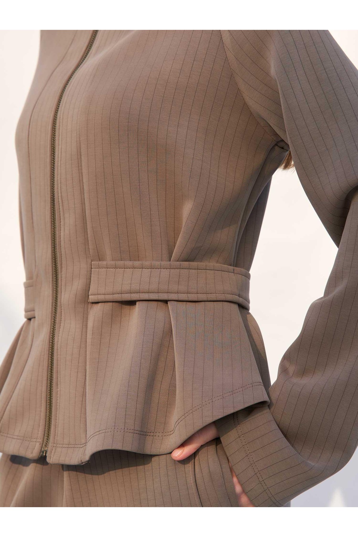 220727 Çizgili Modal Peplum Form Ceket Pantolon Takım