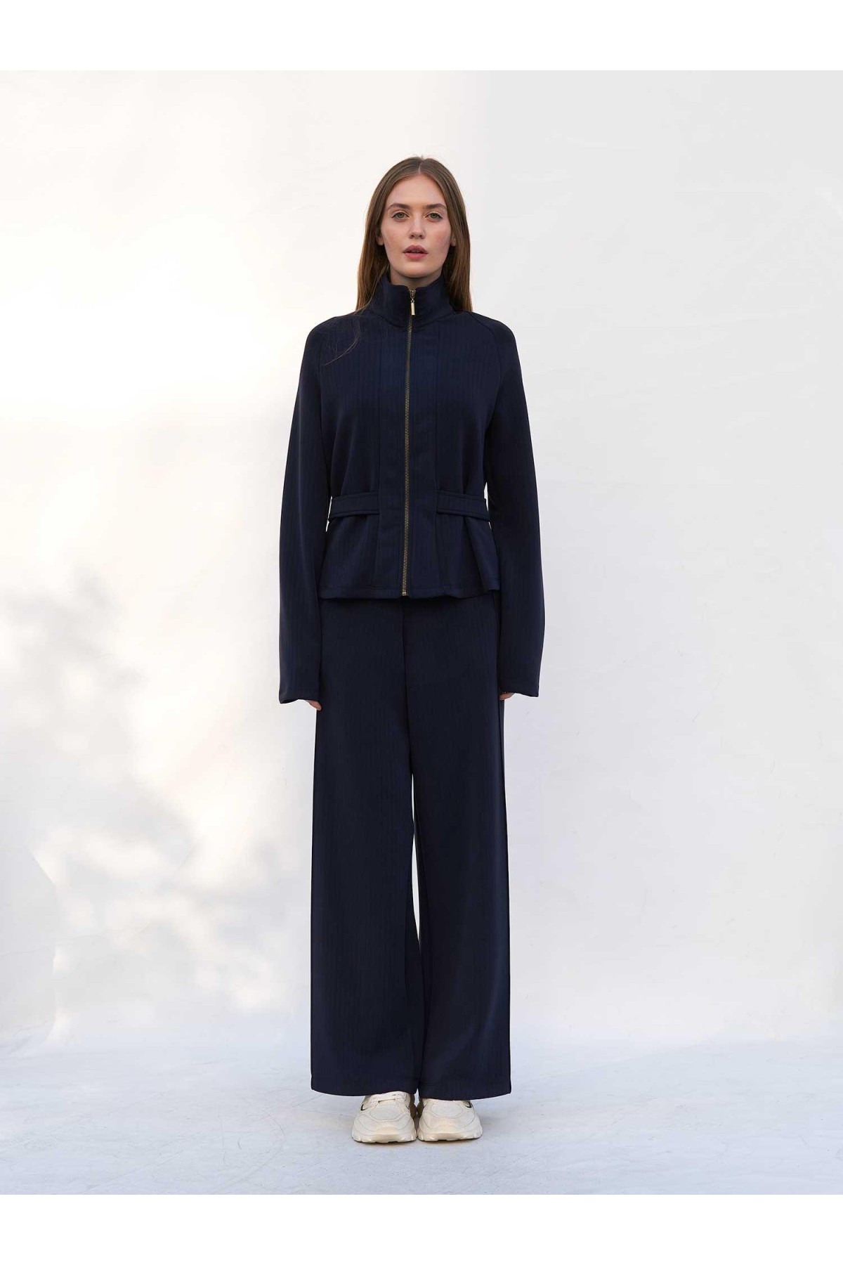 220727 Çizgili Modal Peplum Form Ceket Pantolon Takım