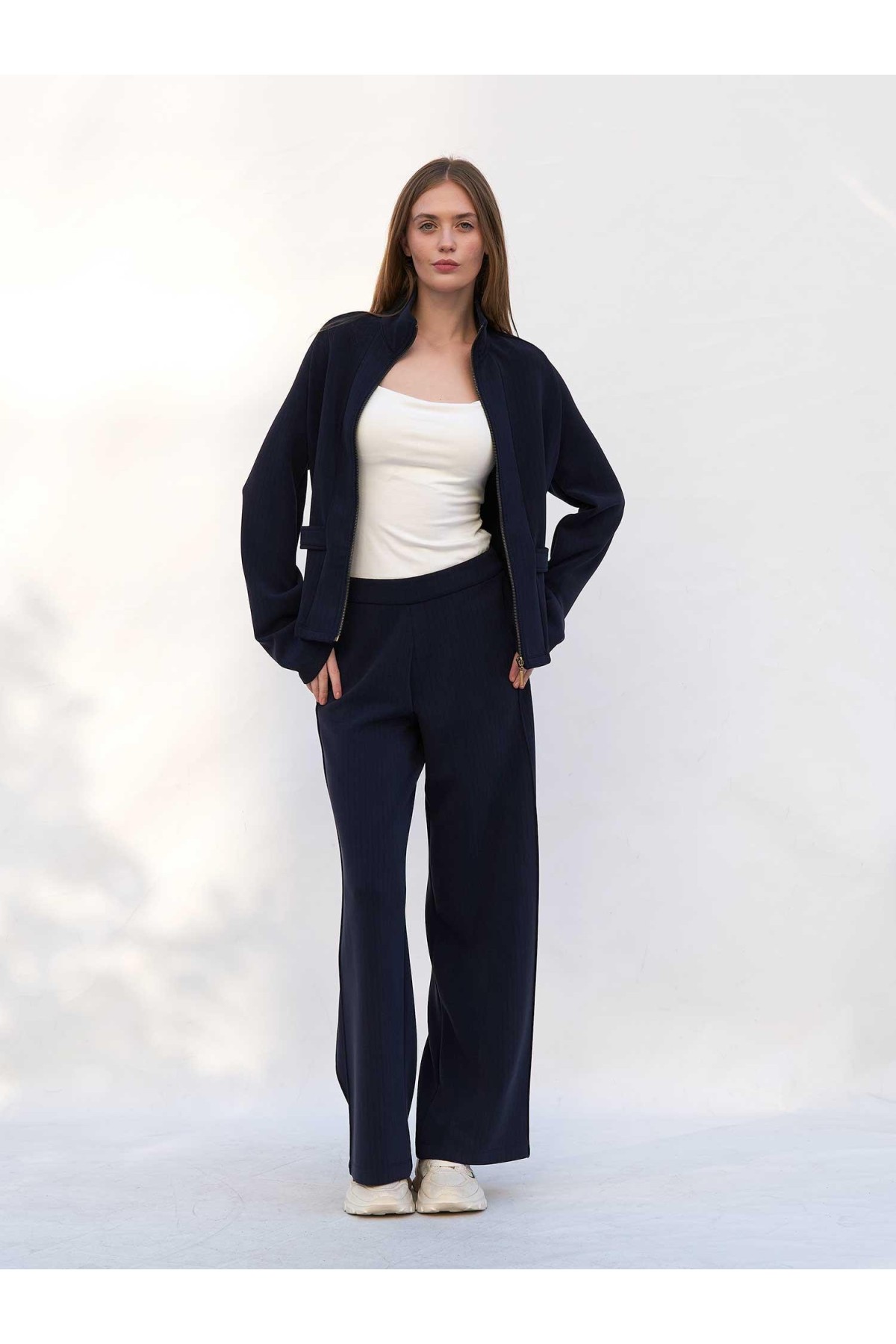 220727 Çizgili Modal Peplum Form Ceket Pantolon Takım
