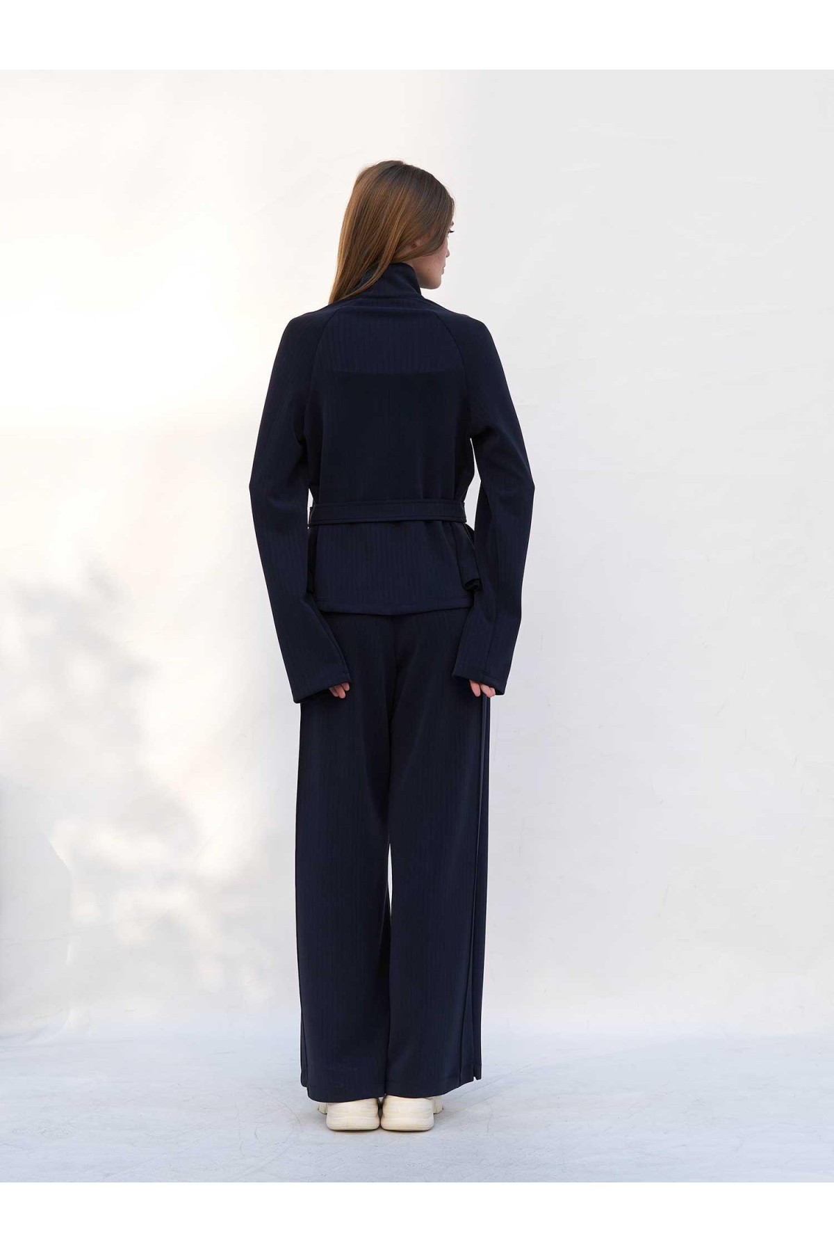 220727 Çizgili Modal Peplum Form Ceket Pantolon Takım