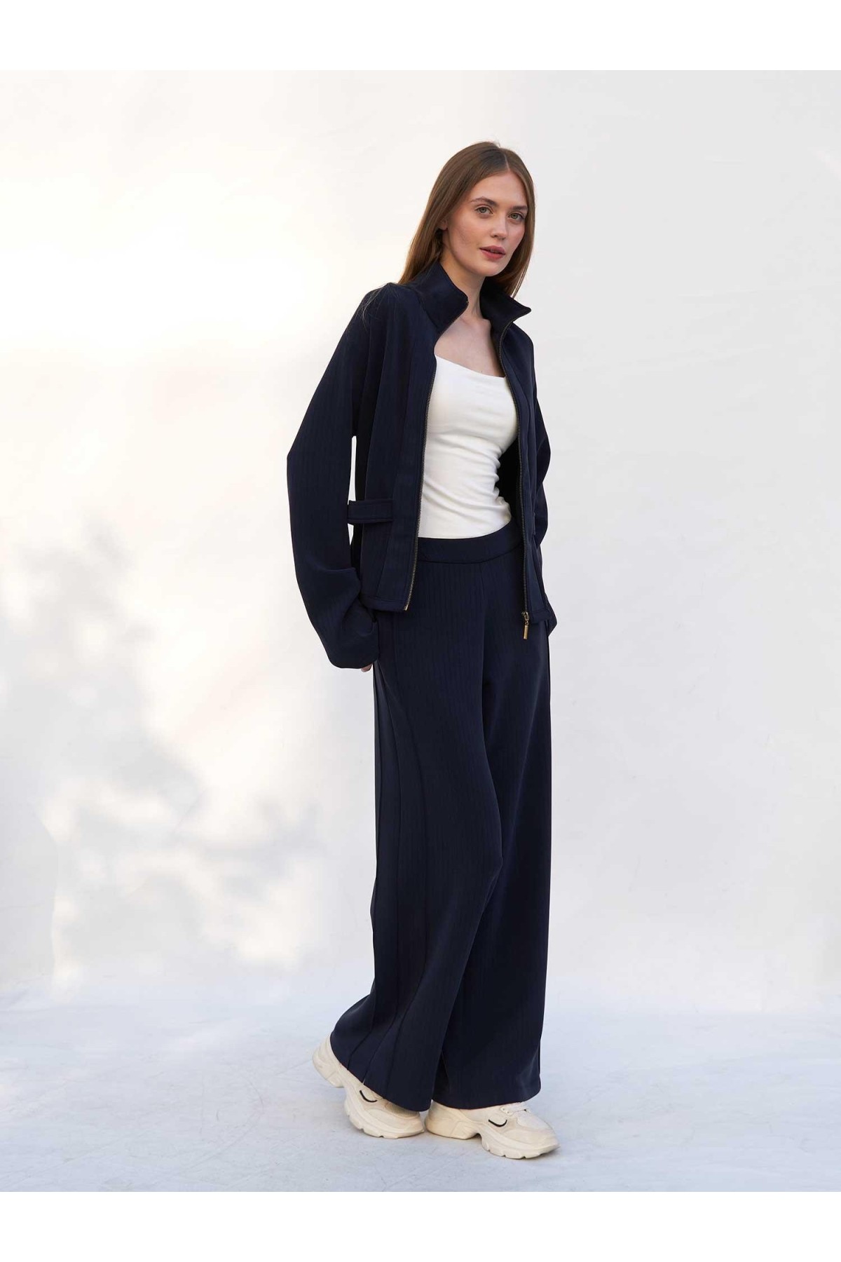 220727 Çizgili Modal Peplum Form Ceket Pantolon Takım