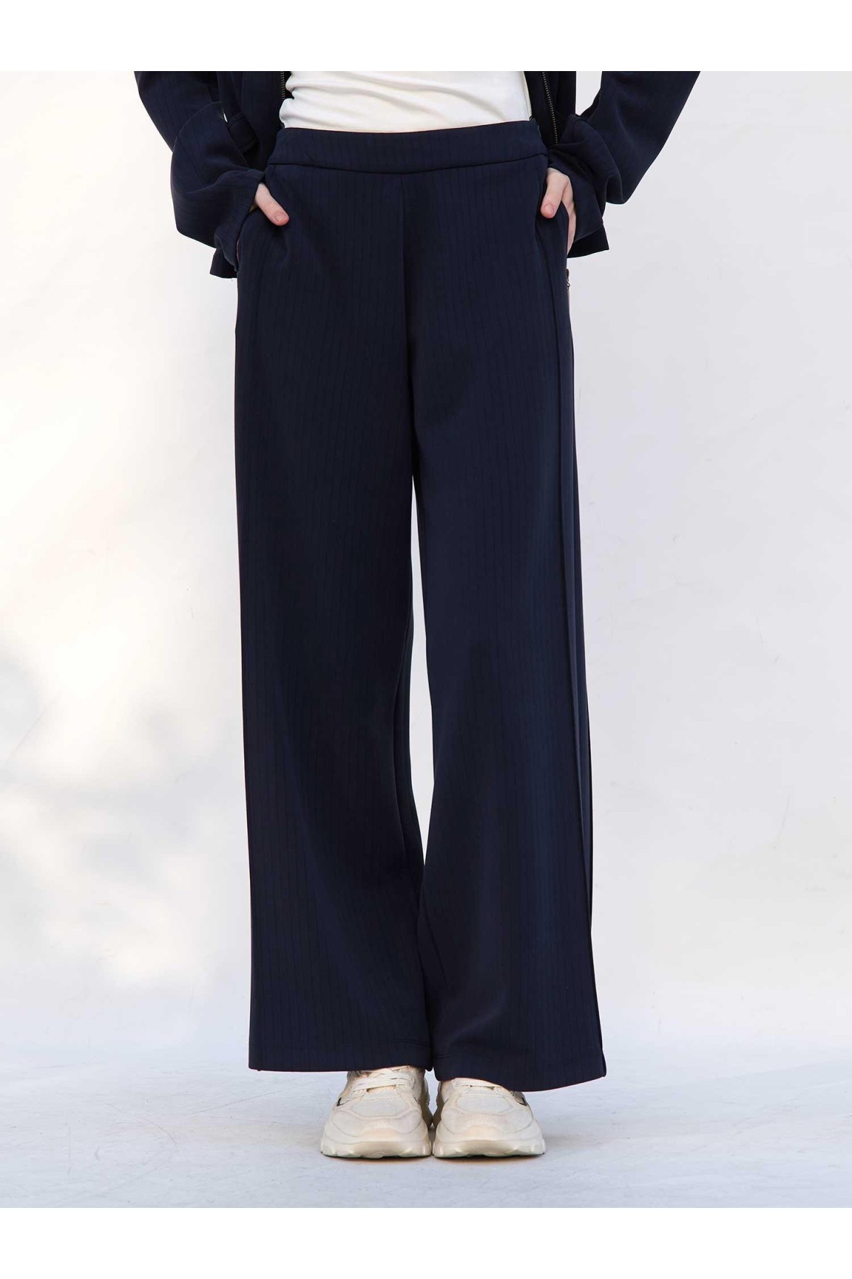 220727 Çizgili Modal Peplum Form Ceket Pantolon Takım