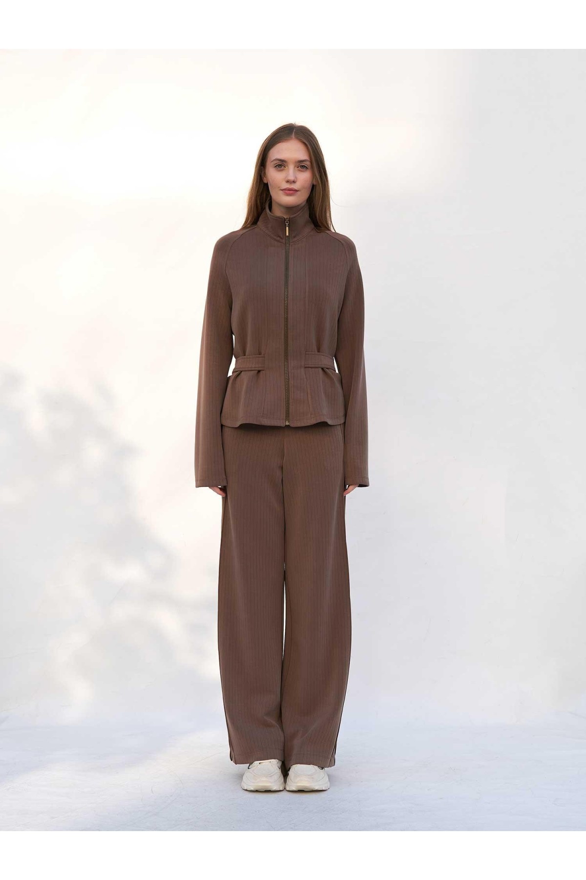 220727 Çizgili Modal Peplum Form Ceket Pantolon Takım