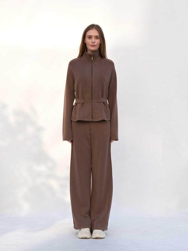 220727 Çizgili Modal Peplum Form Ceket Pantolon Takım