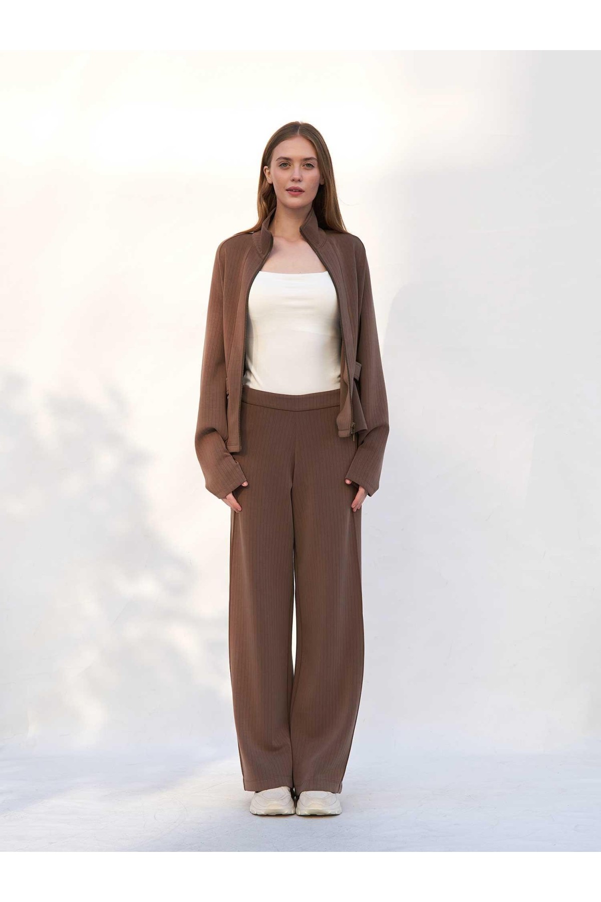220727 Çizgili Modal Peplum Form Ceket Pantolon Takım