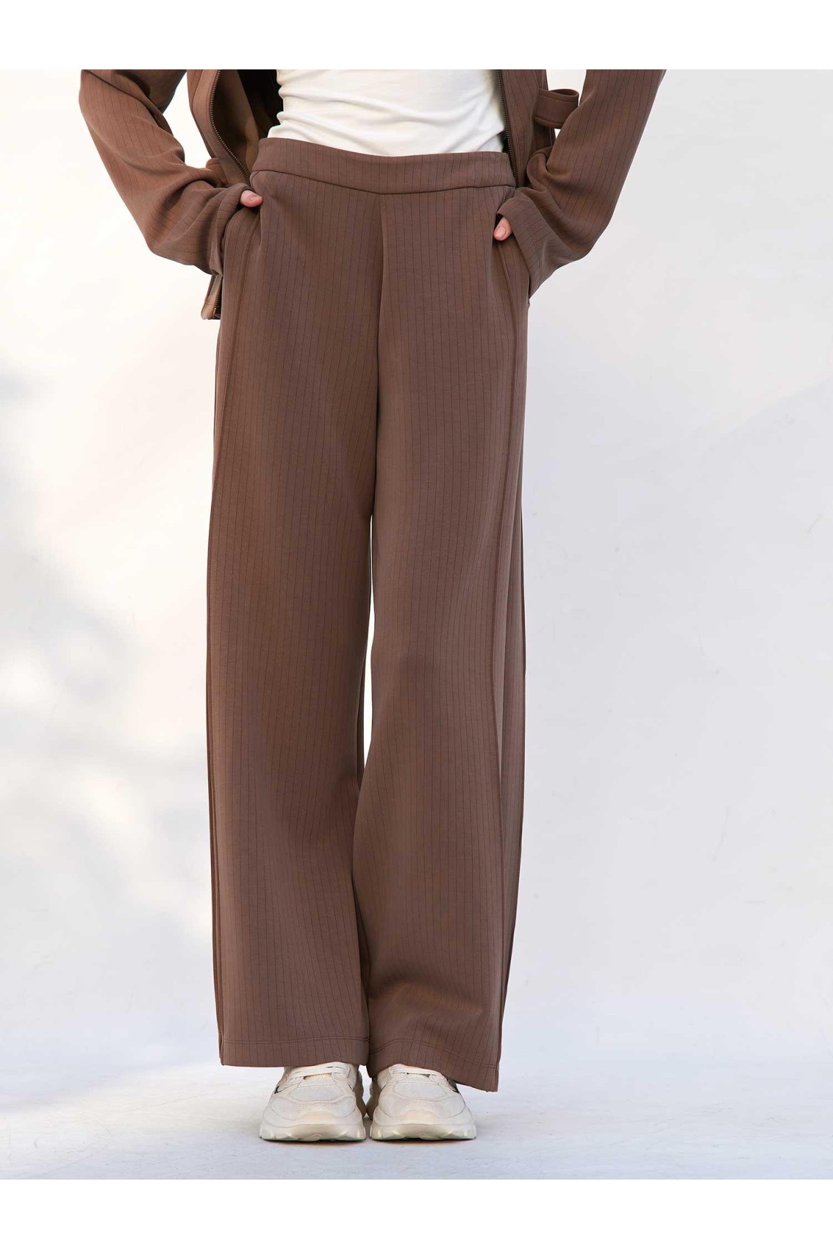 220727 Çizgili Modal Peplum Form Ceket Pantolon Takım