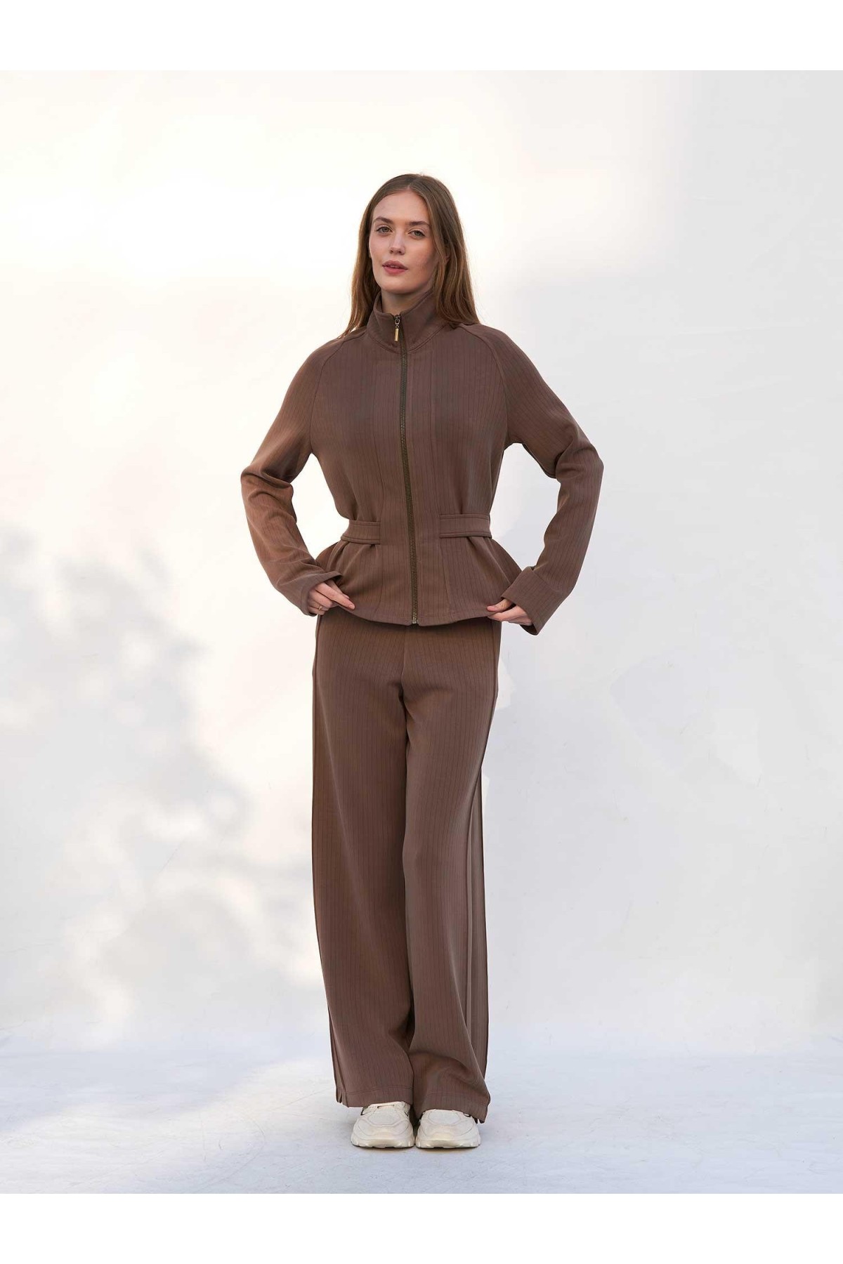 220727 Çizgili Modal Peplum Form Ceket Pantolon Takım