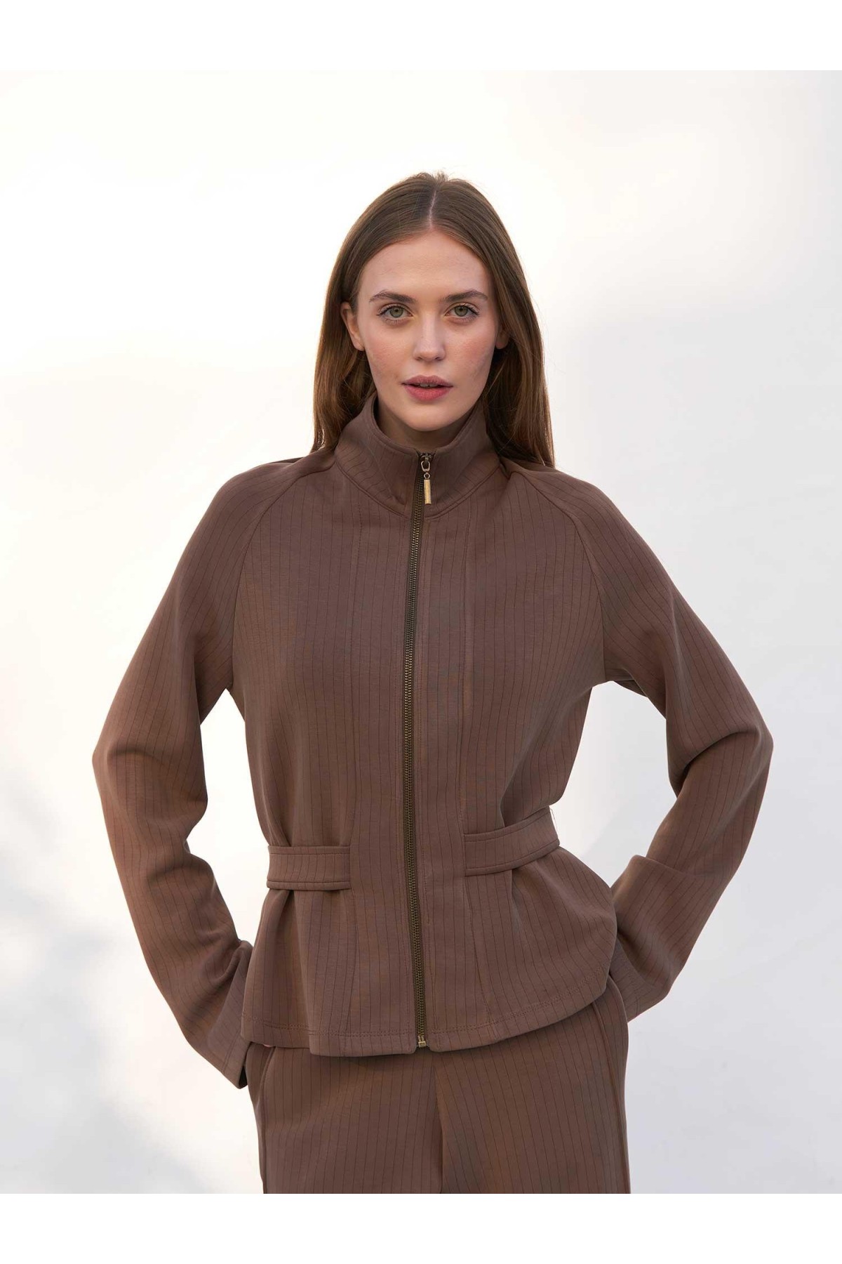220727 Çizgili Modal Peplum Form Ceket Pantolon Takım