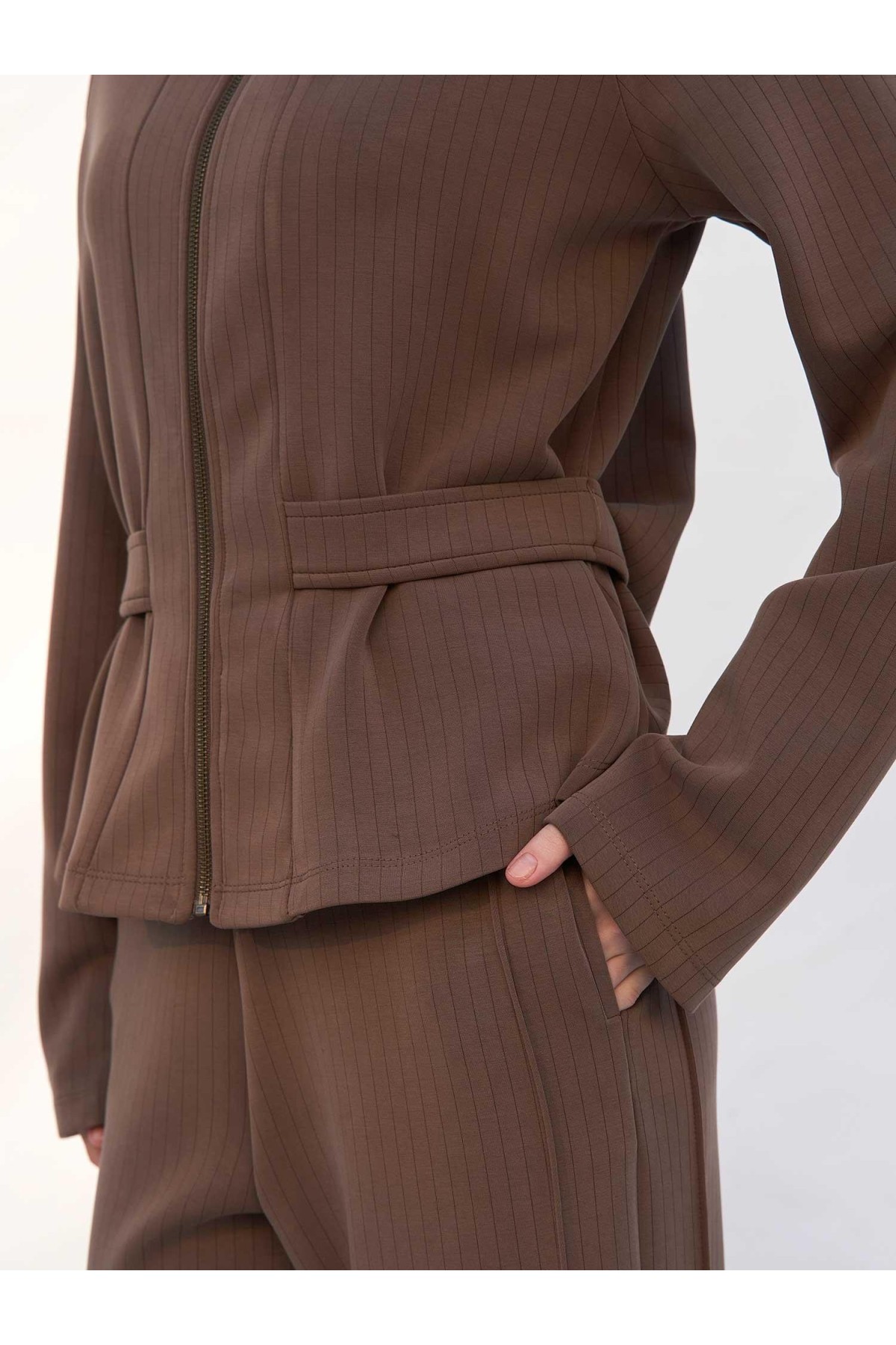 220727 Çizgili Modal Peplum Form Ceket Pantolon Takım