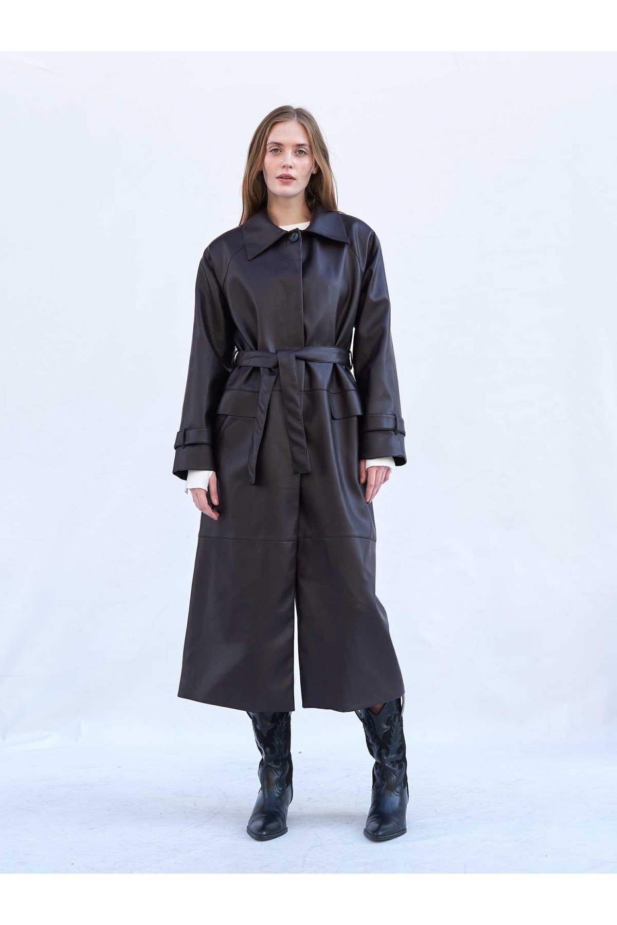 250505 Soft Deri Kuşaklı Maxi Trençkot