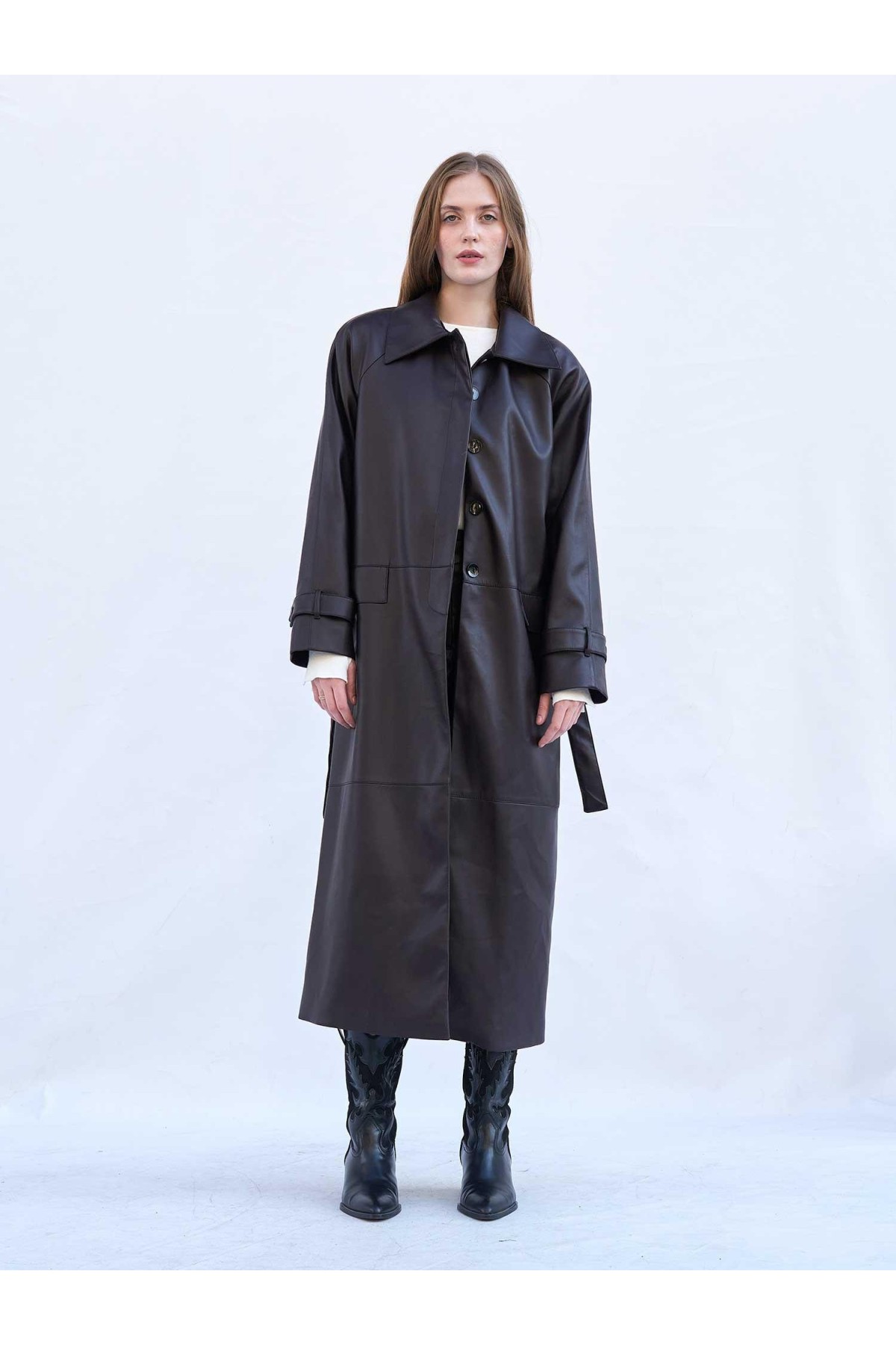 250505 Soft Deri Kuşaklı Maxi Trençkot