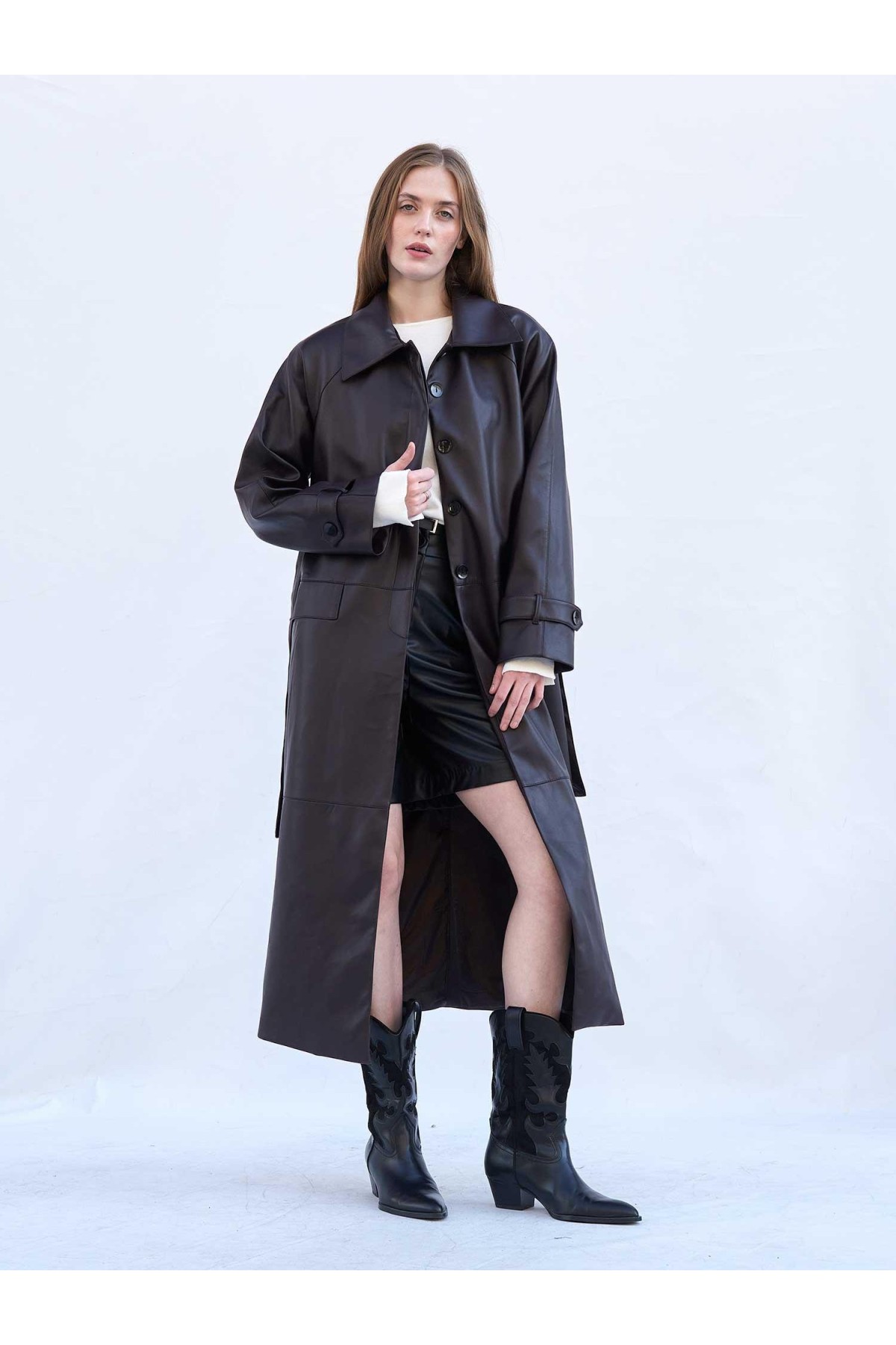 250505 Soft Deri Kuşaklı Maxi Trençkot