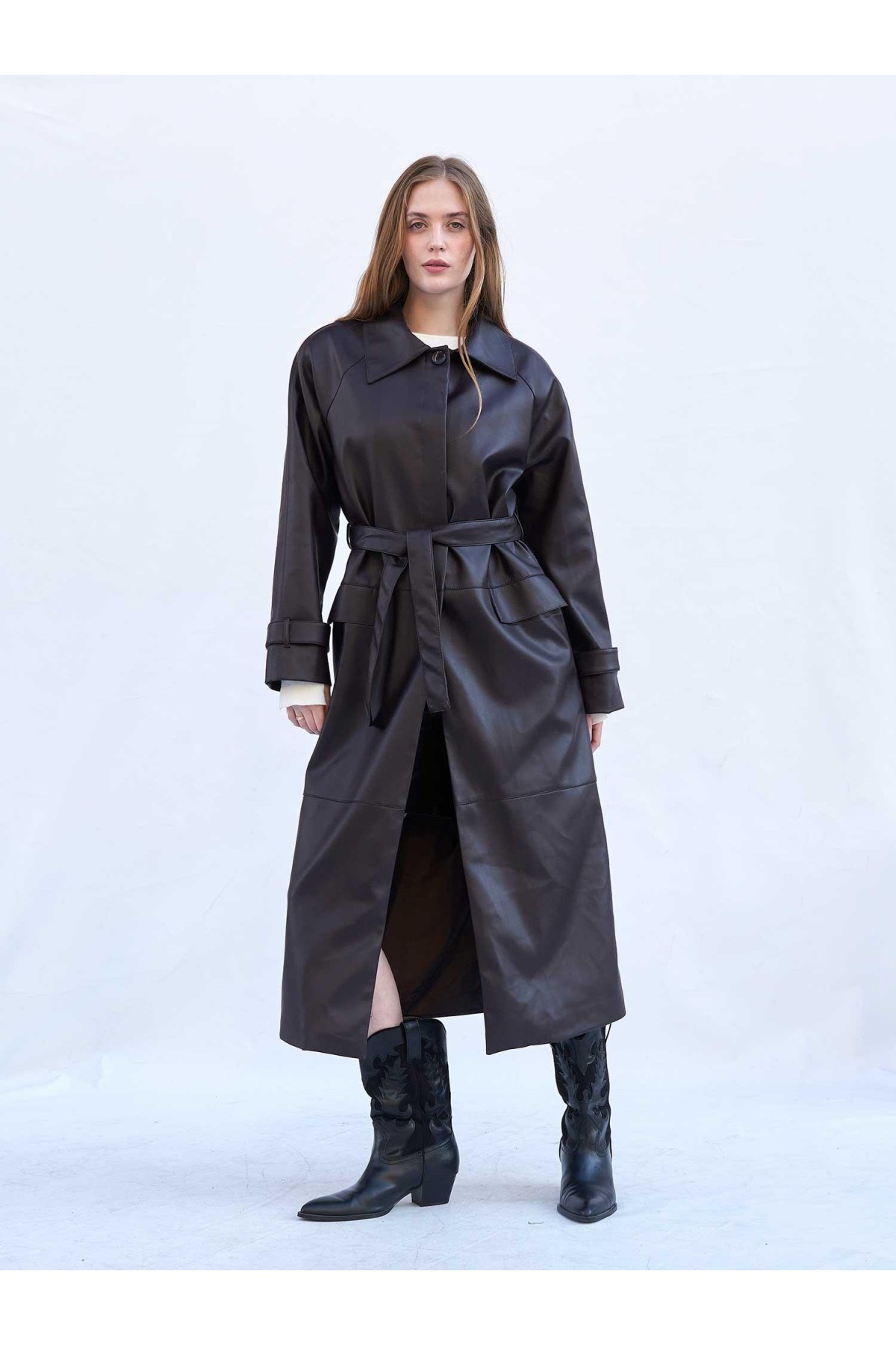 250505 Soft Deri Kuşaklı Maxi Trençkot