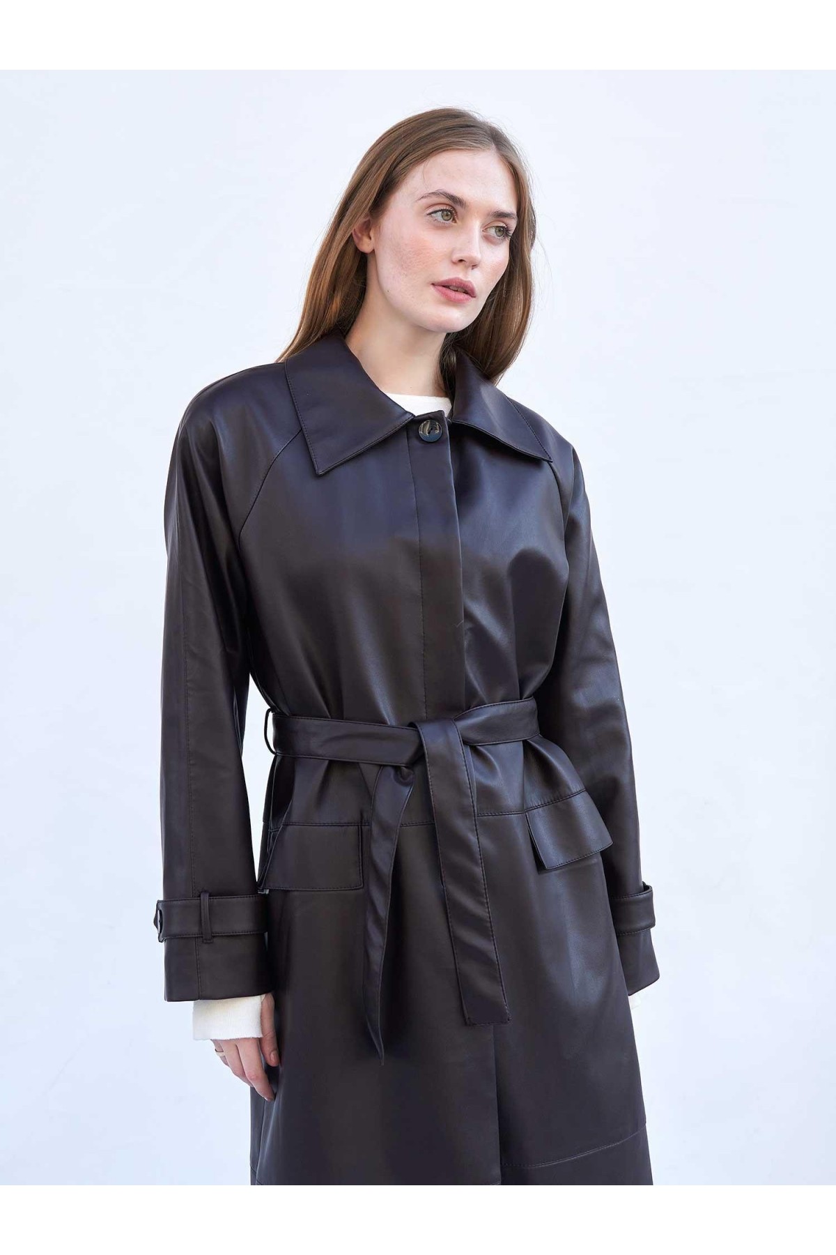 250505 Soft Deri Kuşaklı Maxi Trençkot