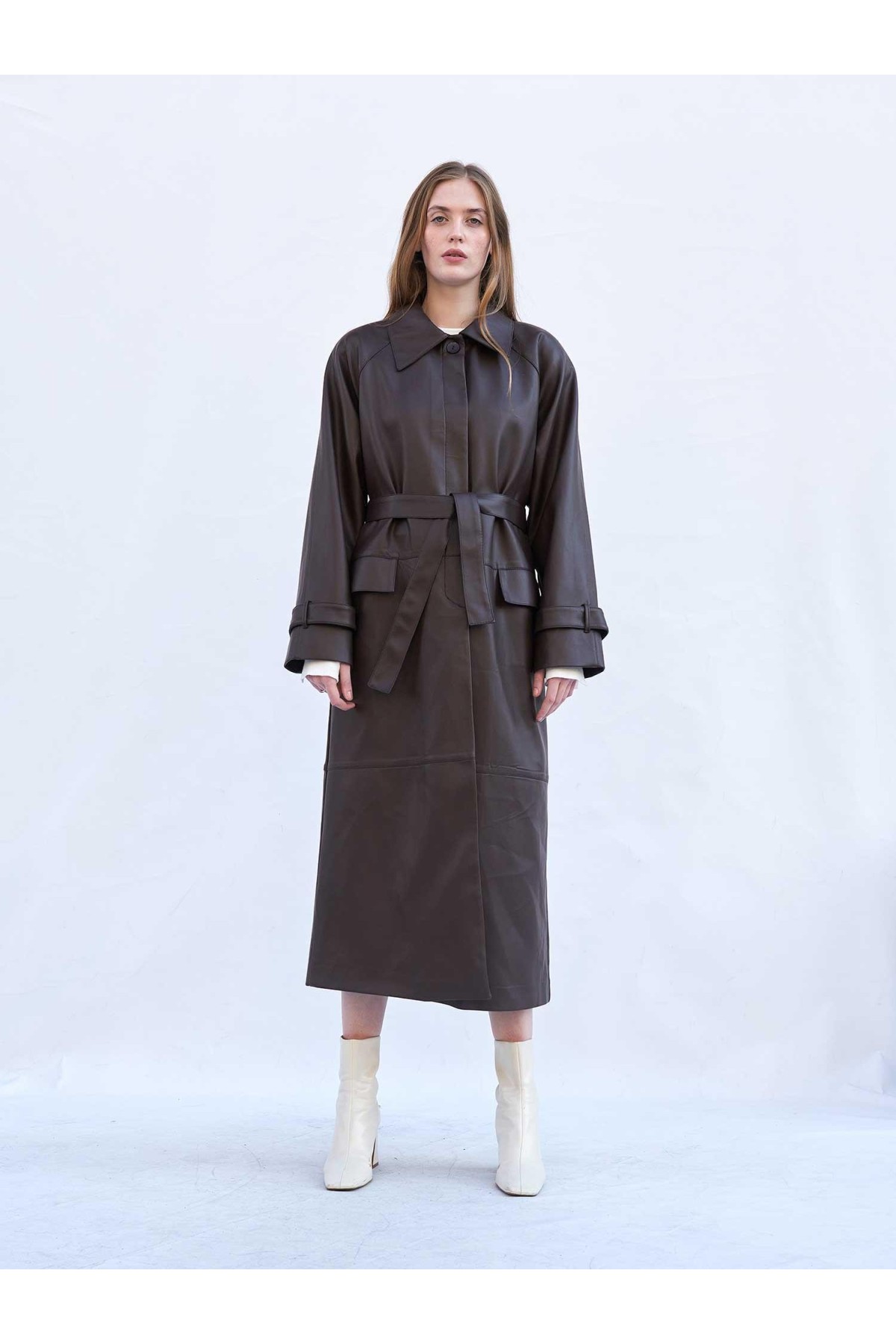 250505 Soft Deri Kuşaklı Maxi Trençkot