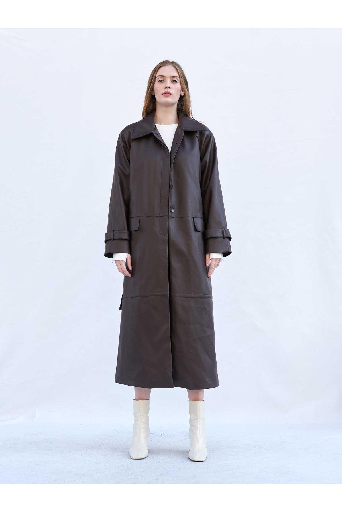 250505 Soft Deri Kuşaklı Maxi Trençkot