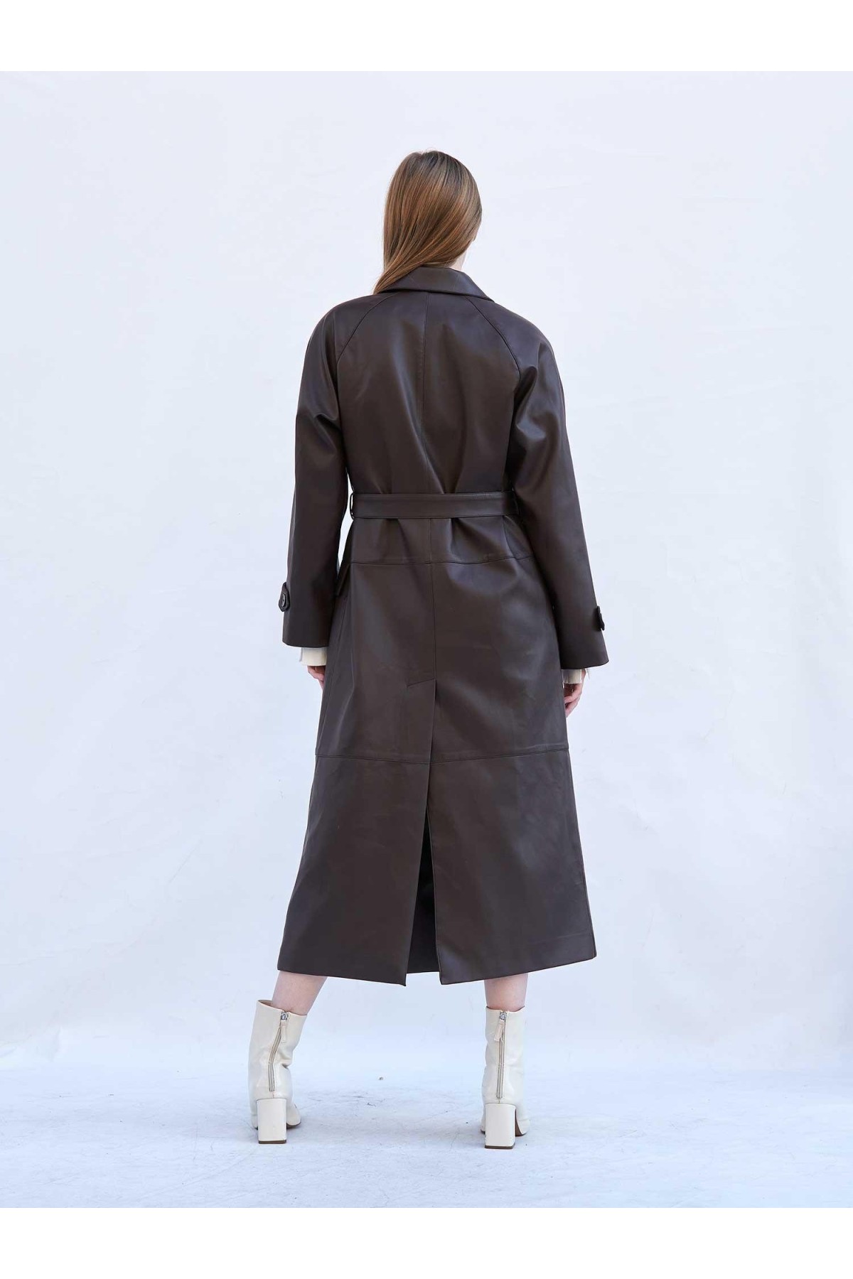 250505 Soft Deri Kuşaklı Maxi Trençkot