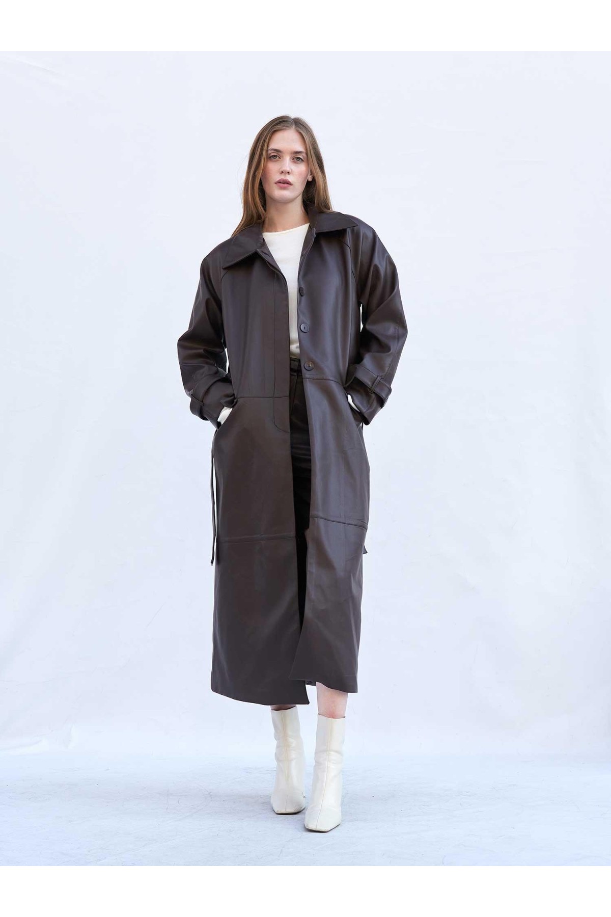 250505 Soft Deri Kuşaklı Maxi Trençkot