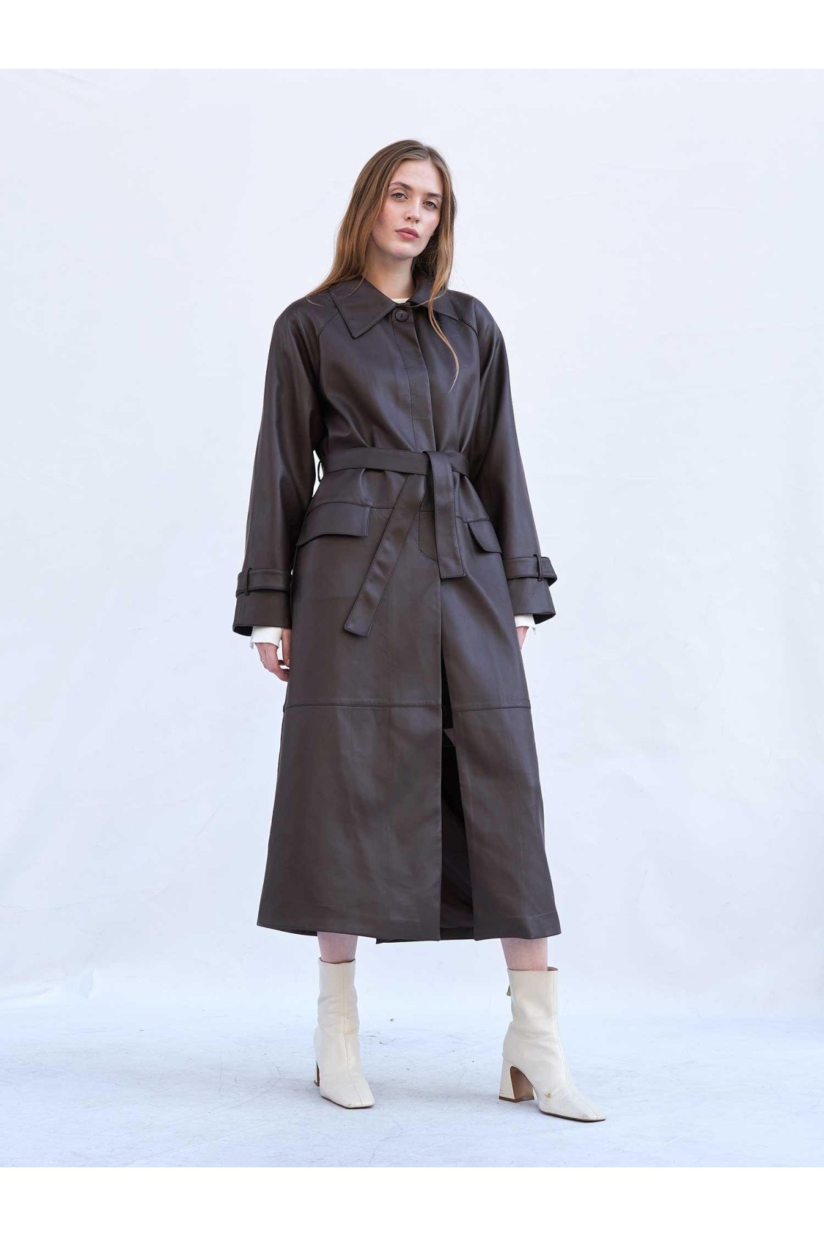250505 Soft Deri Kuşaklı Maxi Trençkot