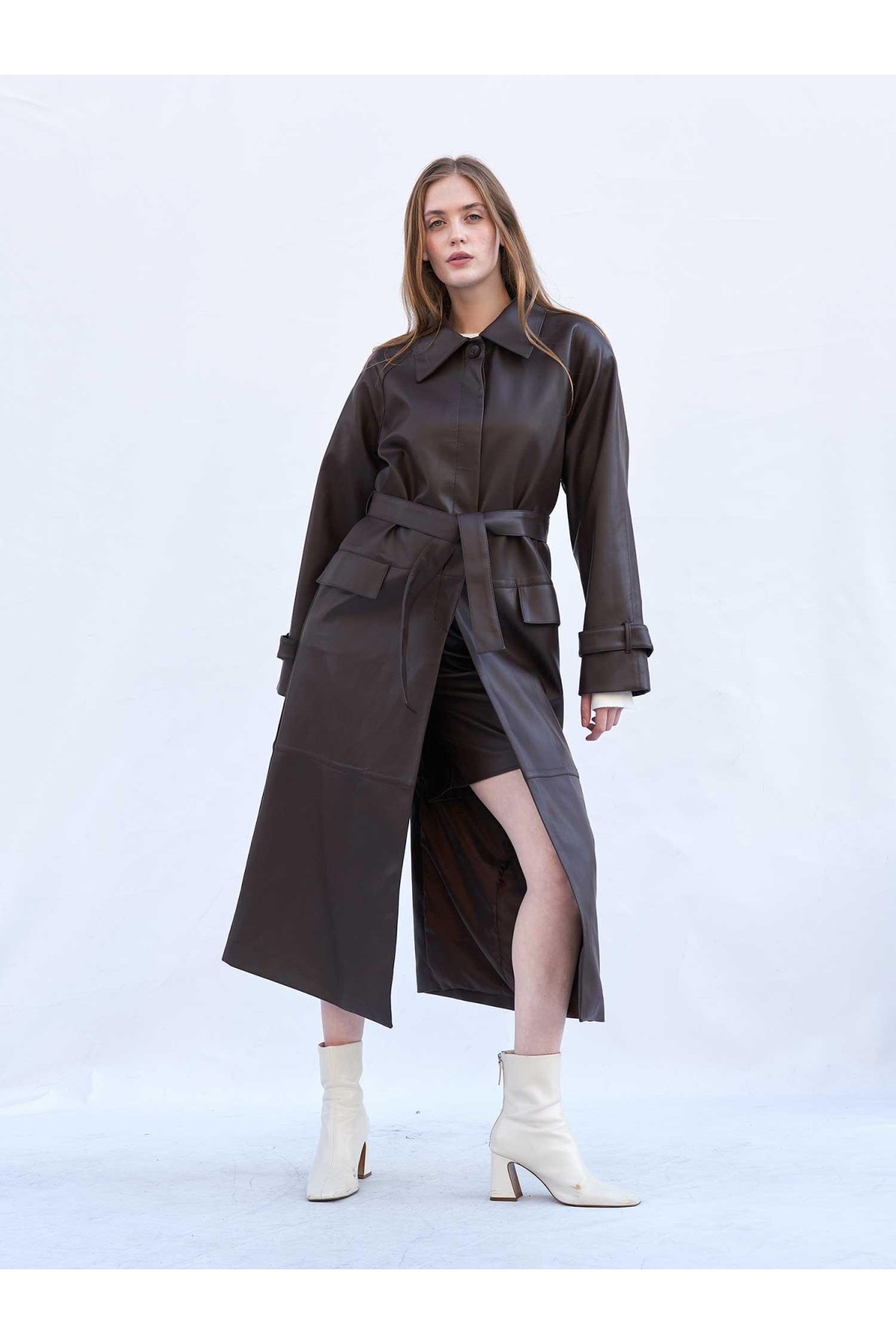 250505 Soft Deri Kuşaklı Maxi Trençkot