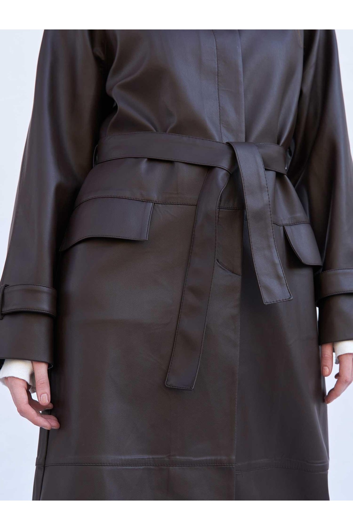 250505 Soft Deri Kuşaklı Maxi Trençkot