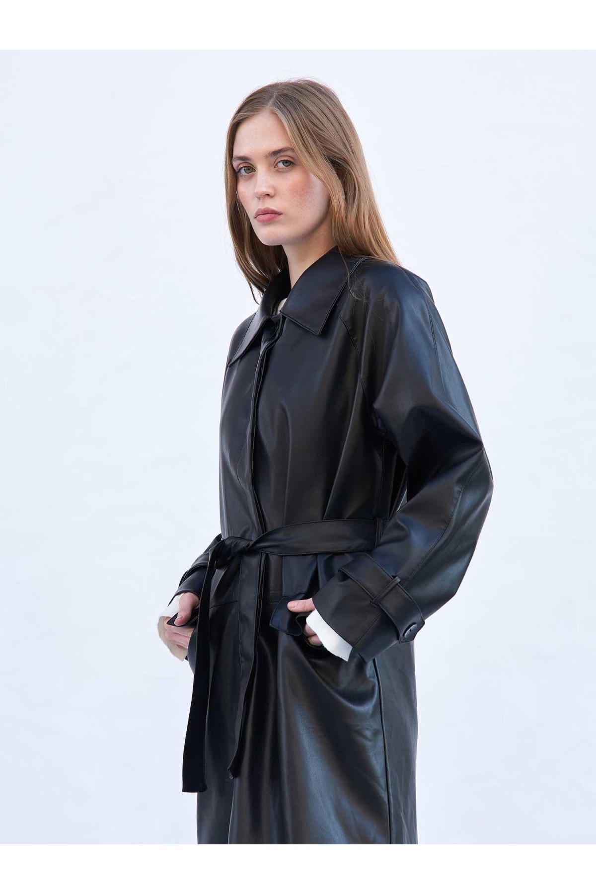 250505 Soft Deri Kuşaklı Maxi Trençkot