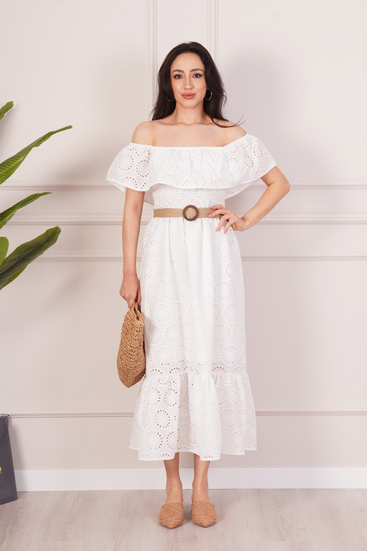 Madonna Yaka Kemer Detaylı Beyaz Toptan Uzun Elbise Beyaz