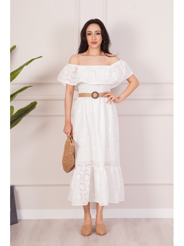 Madonna Yaka Kemer Detaylı Beyaz Toptan Uzun Elbise Beyaz