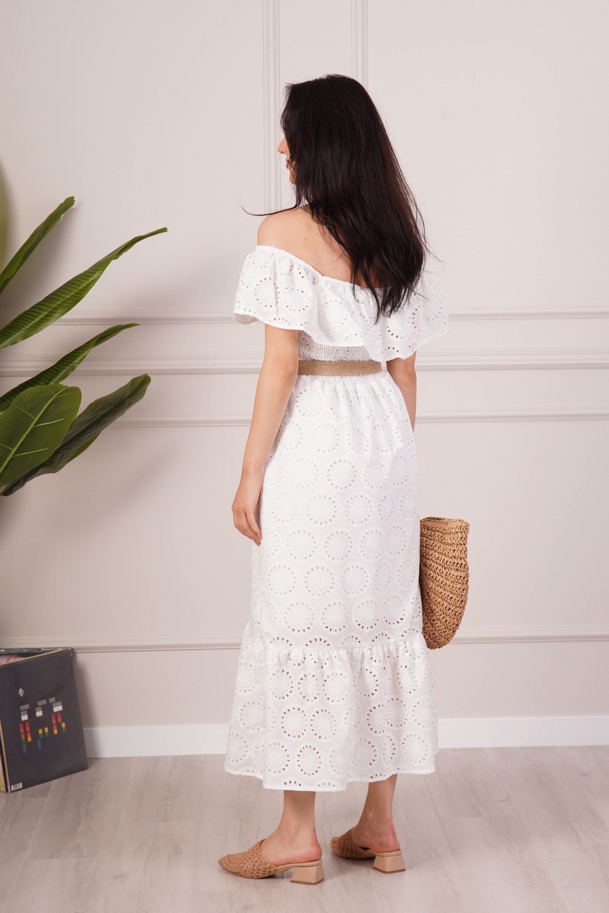 Madonna Yaka Kemer Detaylı Beyaz Toptan Uzun Elbise Beyaz