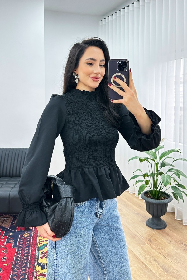 Komple Gipeli Dik Yaka Siyah Toptan Bluz Siyah