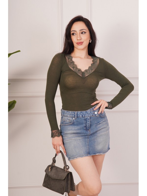 Dantel Detaylı Uzun Kollu Haki Toptan Body Bluz Haki