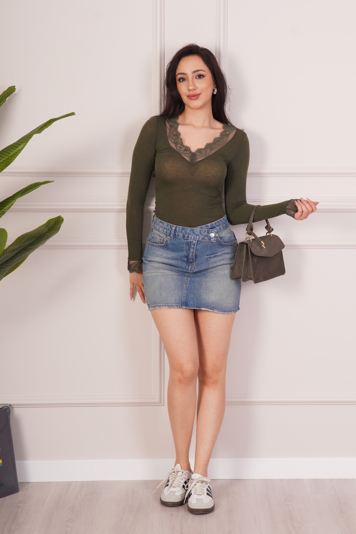 Dantel Detaylı Uzun Kollu Haki Toptan Body Bluz Haki